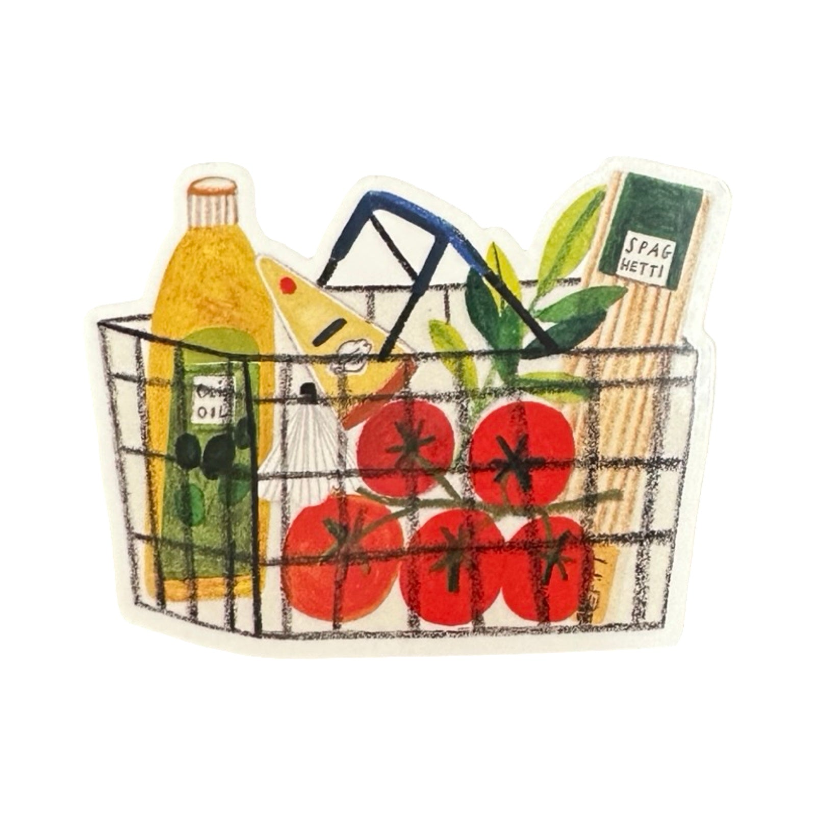 A vinyl sticker of a shopping basket filled with the ingredients to make a delicious bowl of spaghetti.