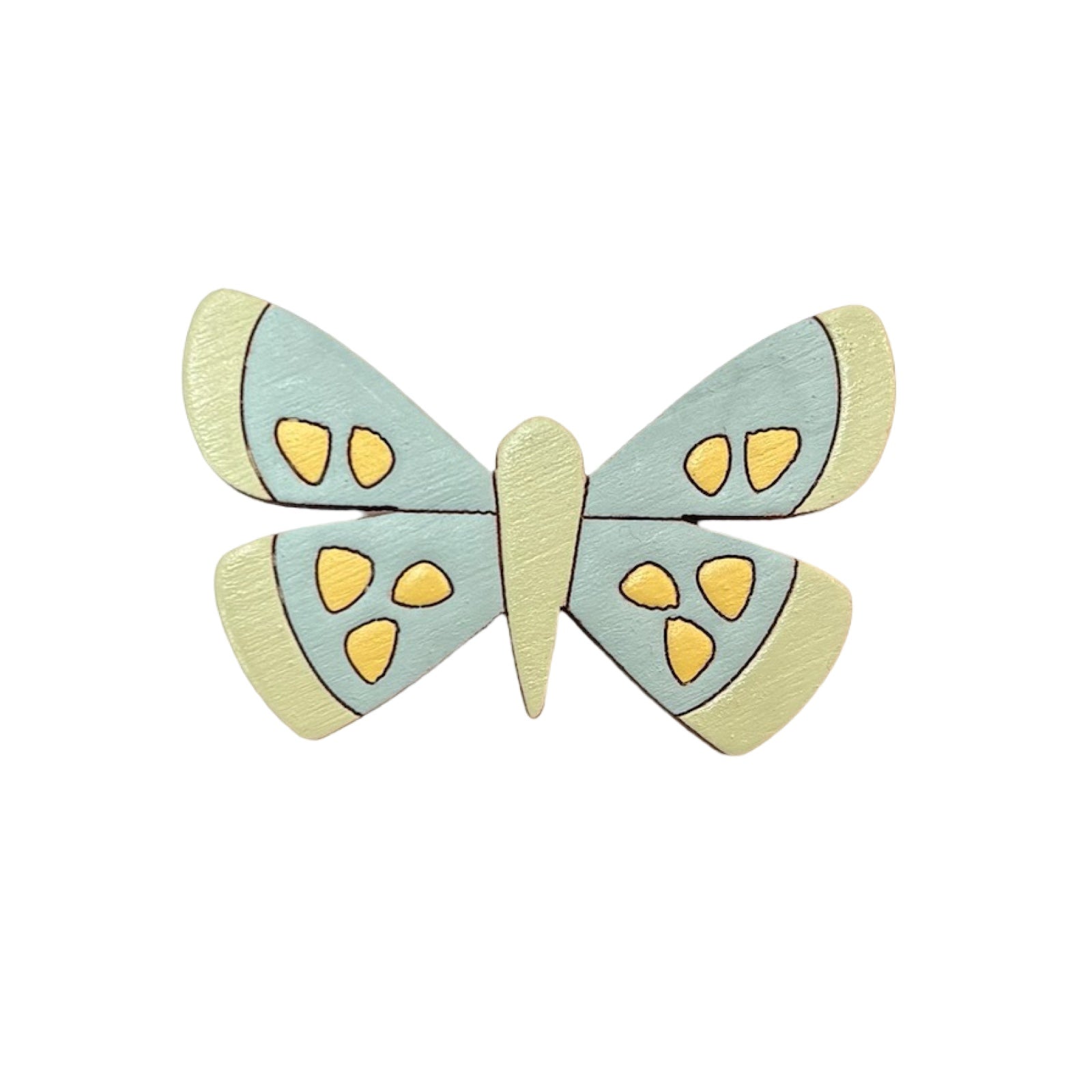 A speckled butterfly wooden brooch, hand-painted with colourful wings in pale blue and pale green with yellow spots