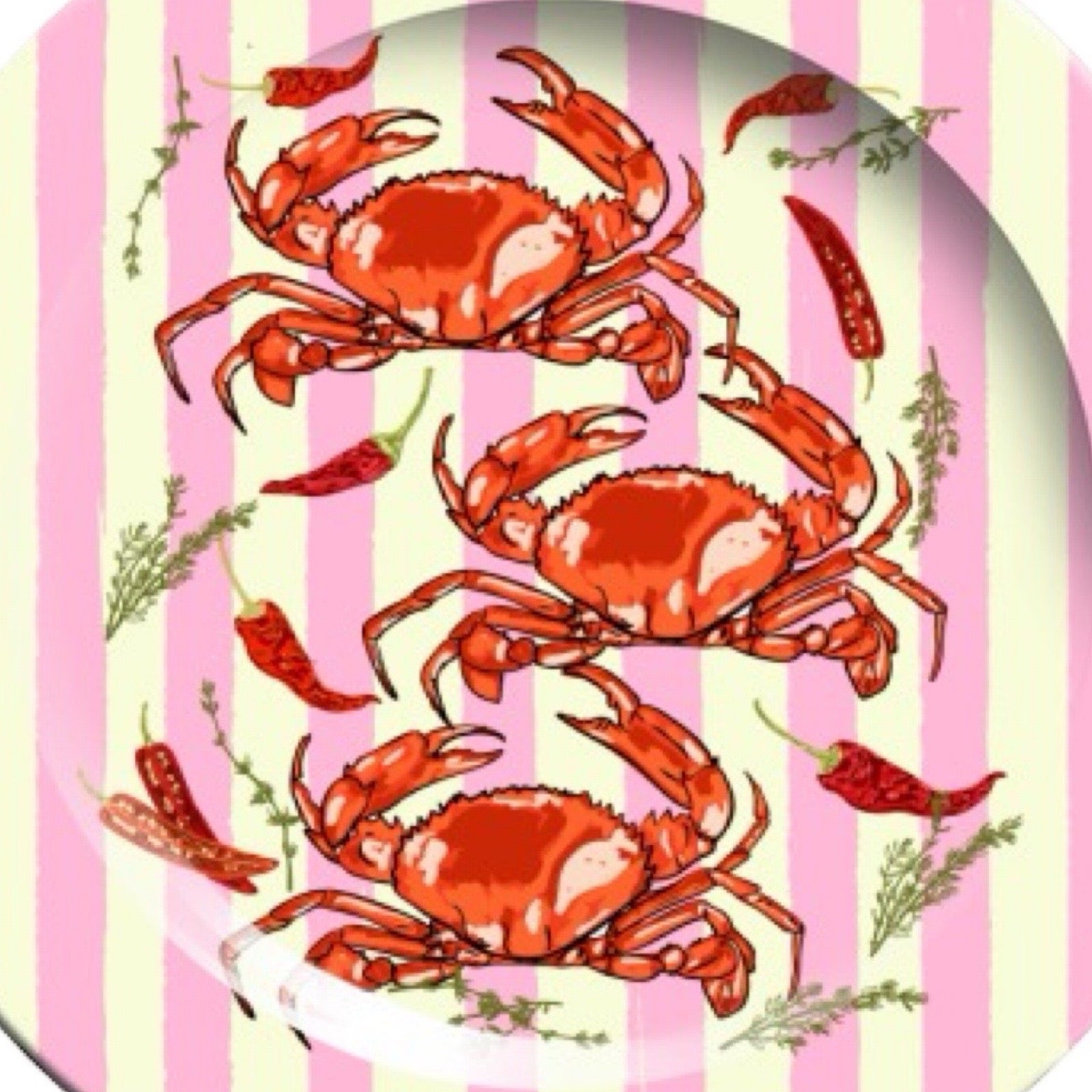 Red crabs on a striped pink and white background.