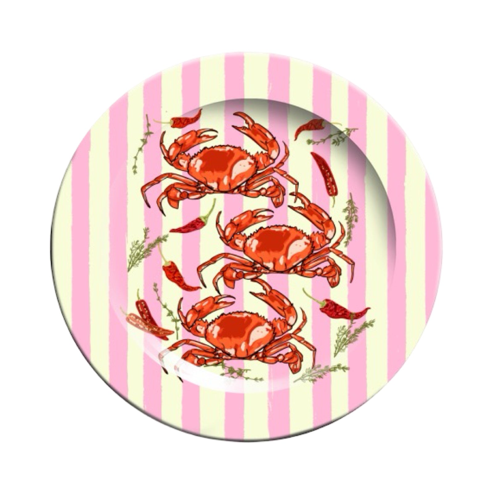Round plate with red crabs on a pink and yellow striped background.