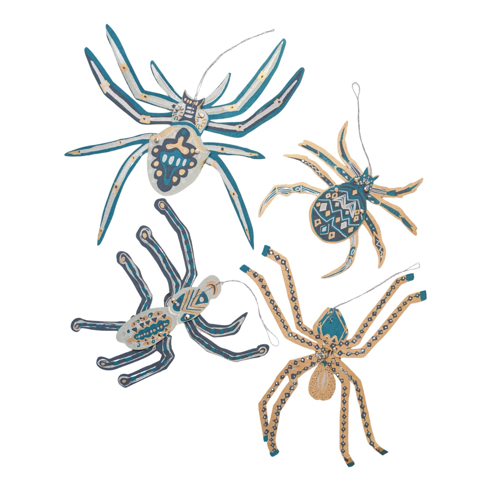 4 paper hanging spider decorations in teal, gold and silver.