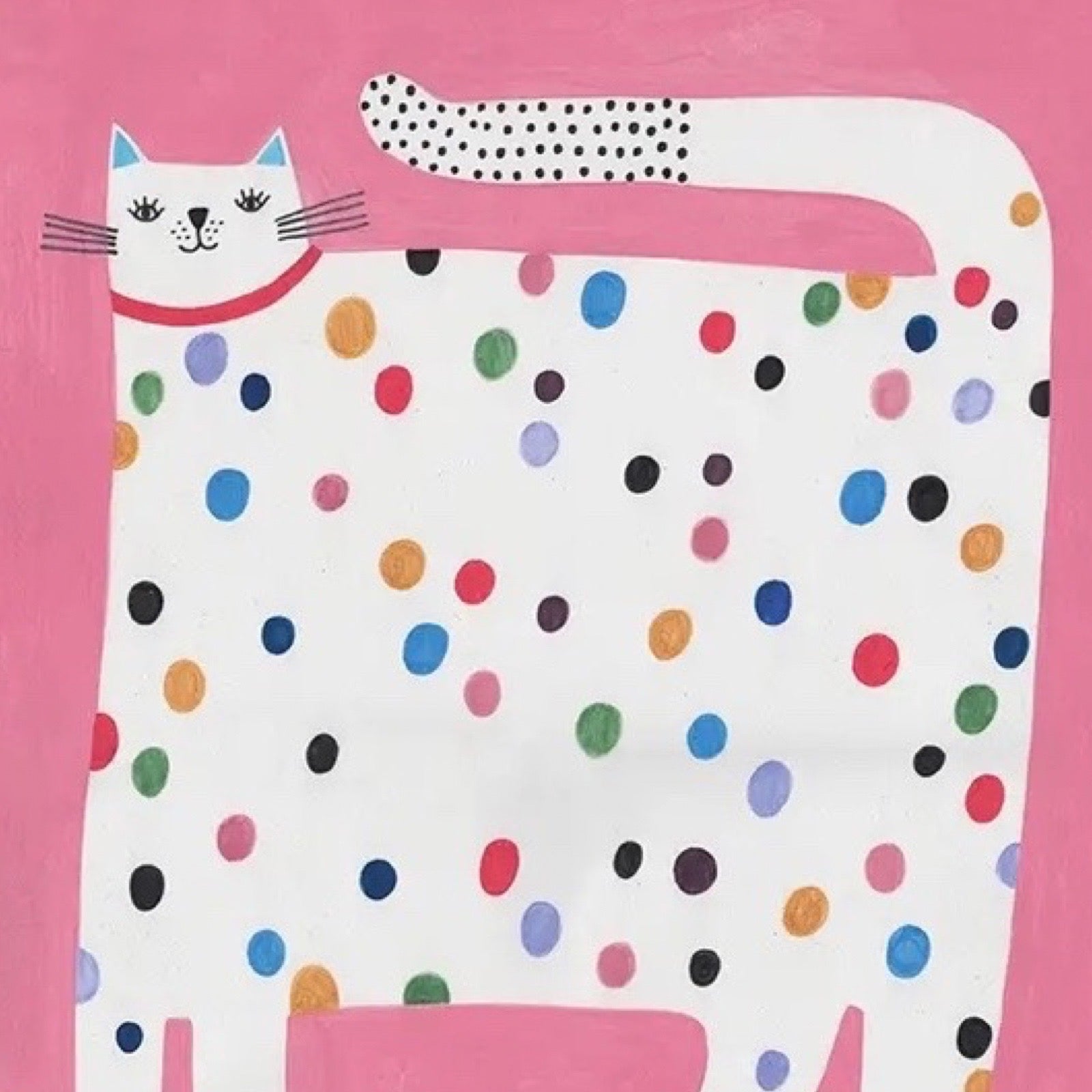 Art print of a polka dot cat on a pink background.