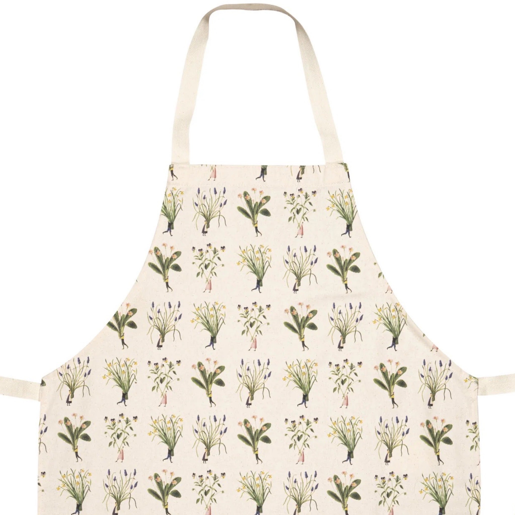 Beige apron with floral pattern on a white background.