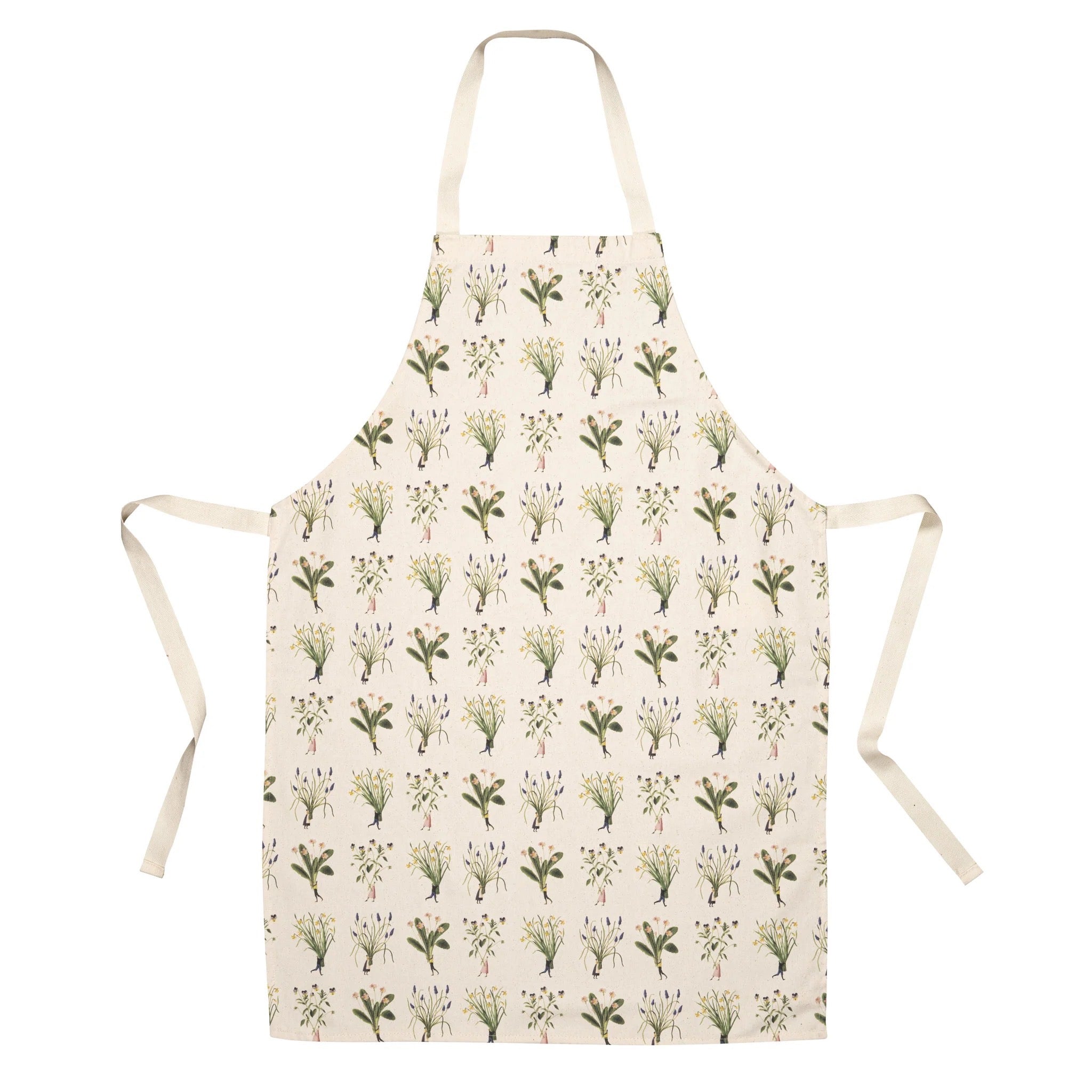 Beige apron with green botanical pattern on a white background.