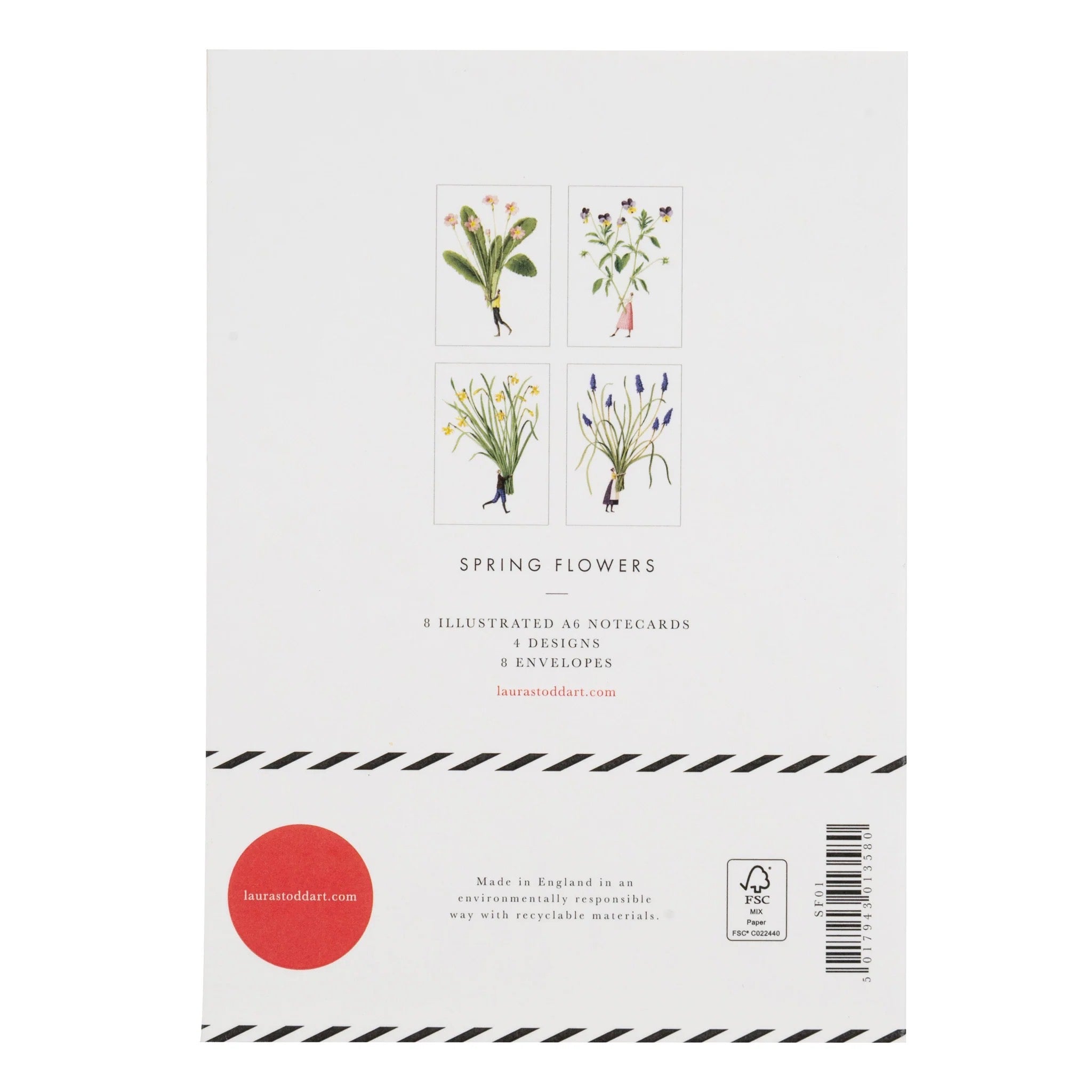 Pack of illustrated notecards with spring flower designs on a white background.