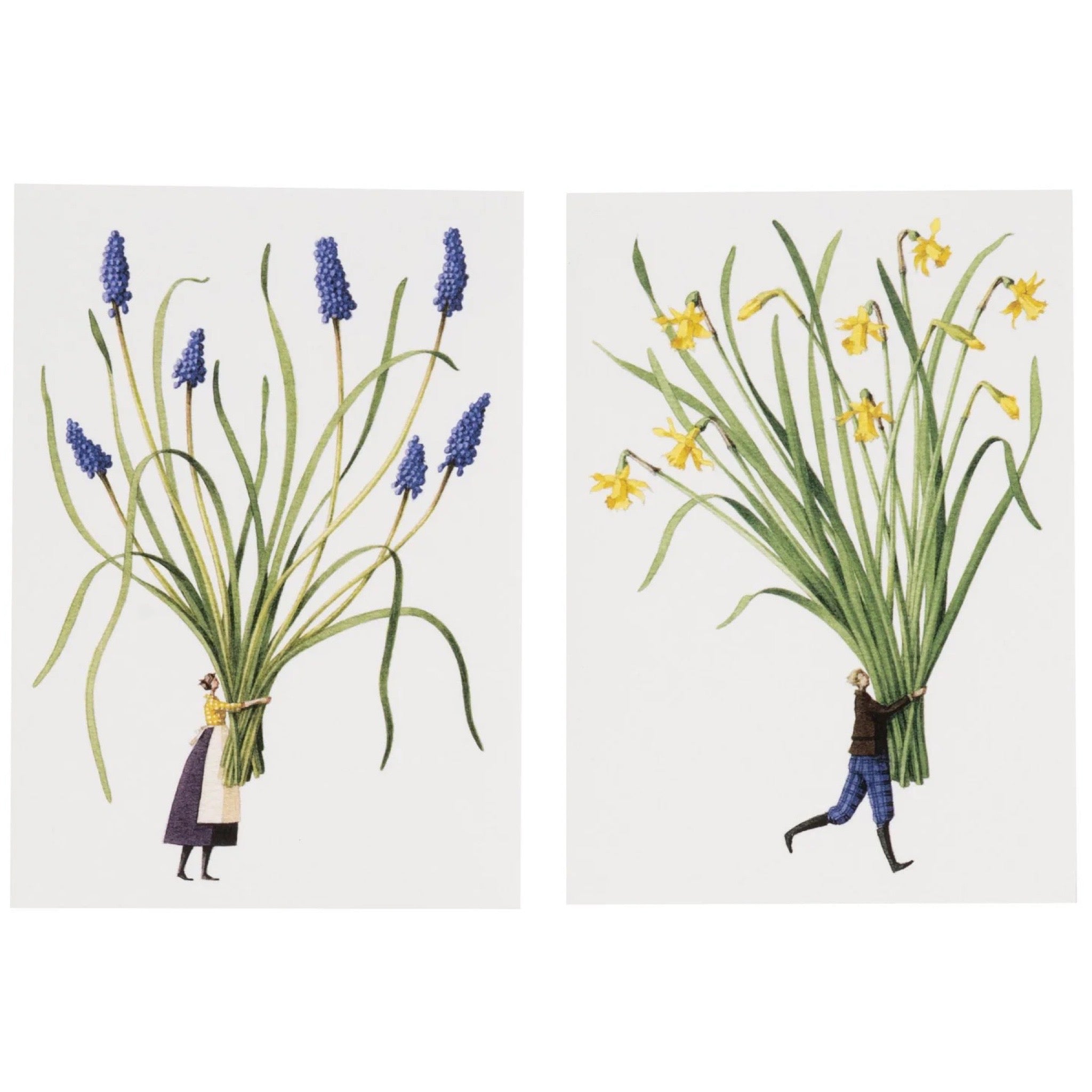 Two illustrations of people holding large bouquets of flowers on a white background.