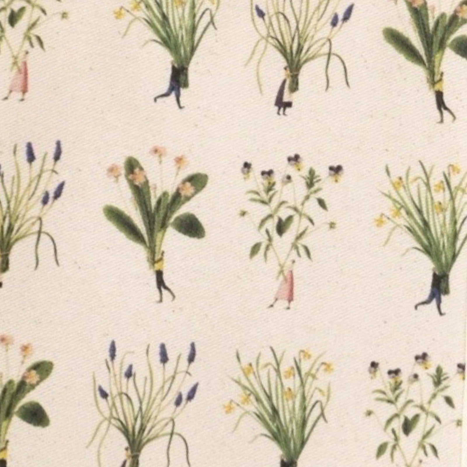 Pattern of people holding plants on a beige background.
