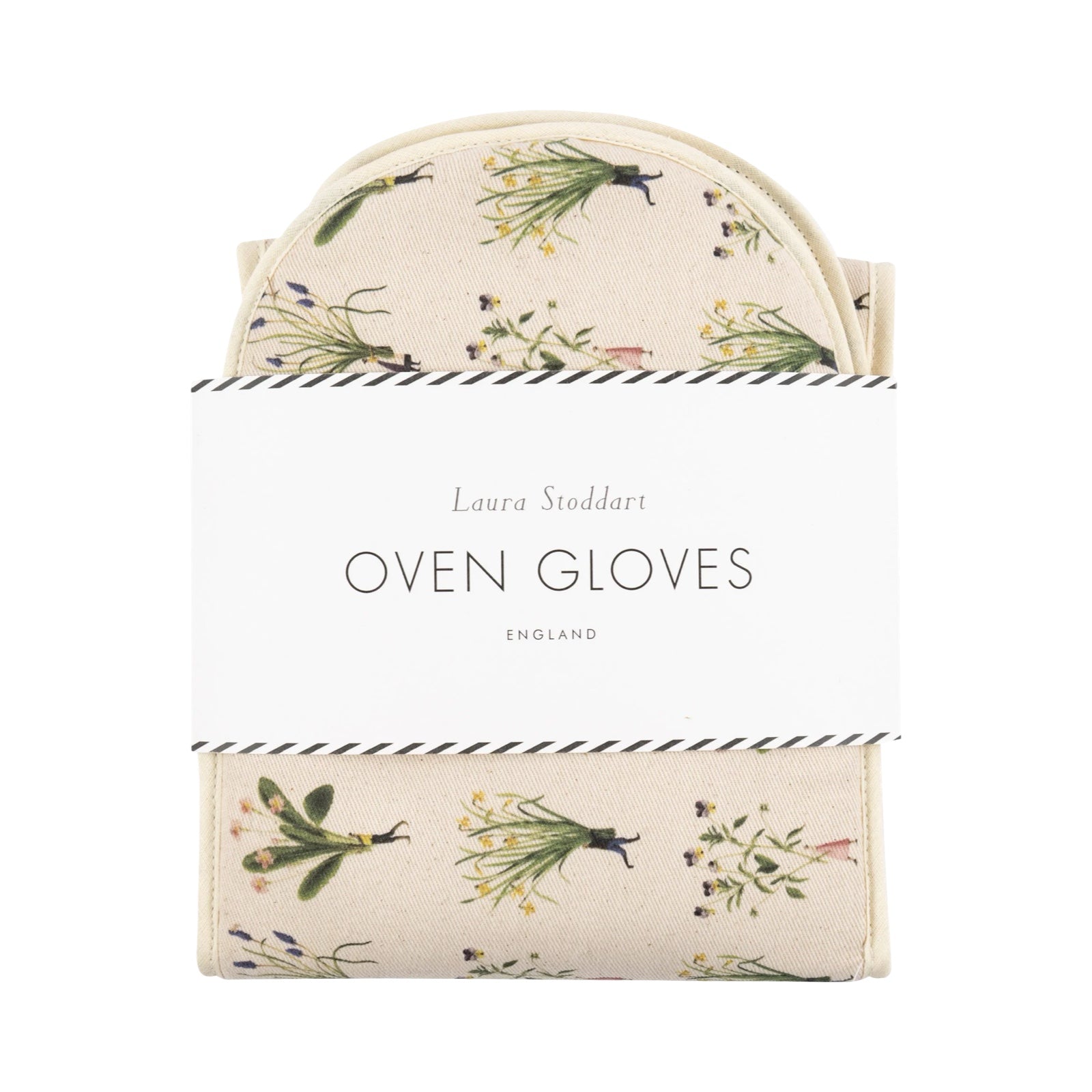 Floral oven gloves featuring illustrations of a lady holding giant bunches of spring flowers.