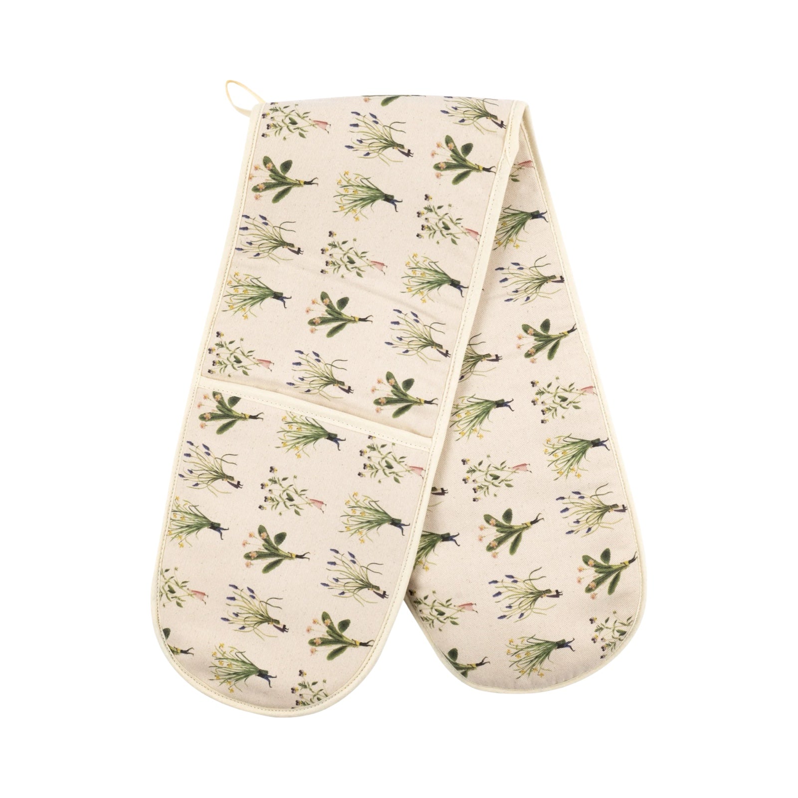 Floral oven gloves featuring illustrations of a lady holding giant bunches of spring flowers.