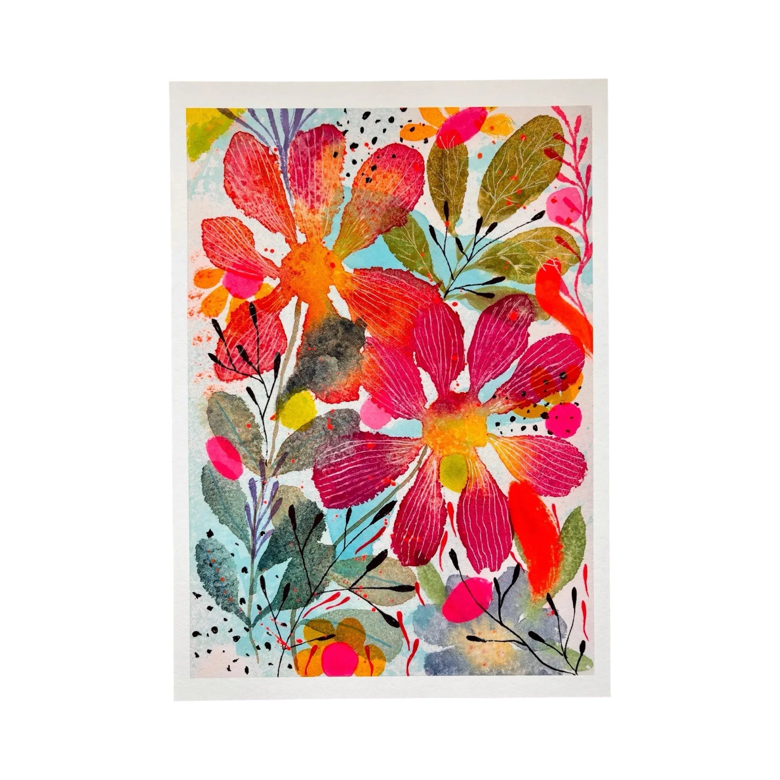 An art print featuring a vibrant, abstract floral design with large pink and red flowers, green and yellow leaves, and splashes of orange, pink, and blue on a white background with a thin black border.