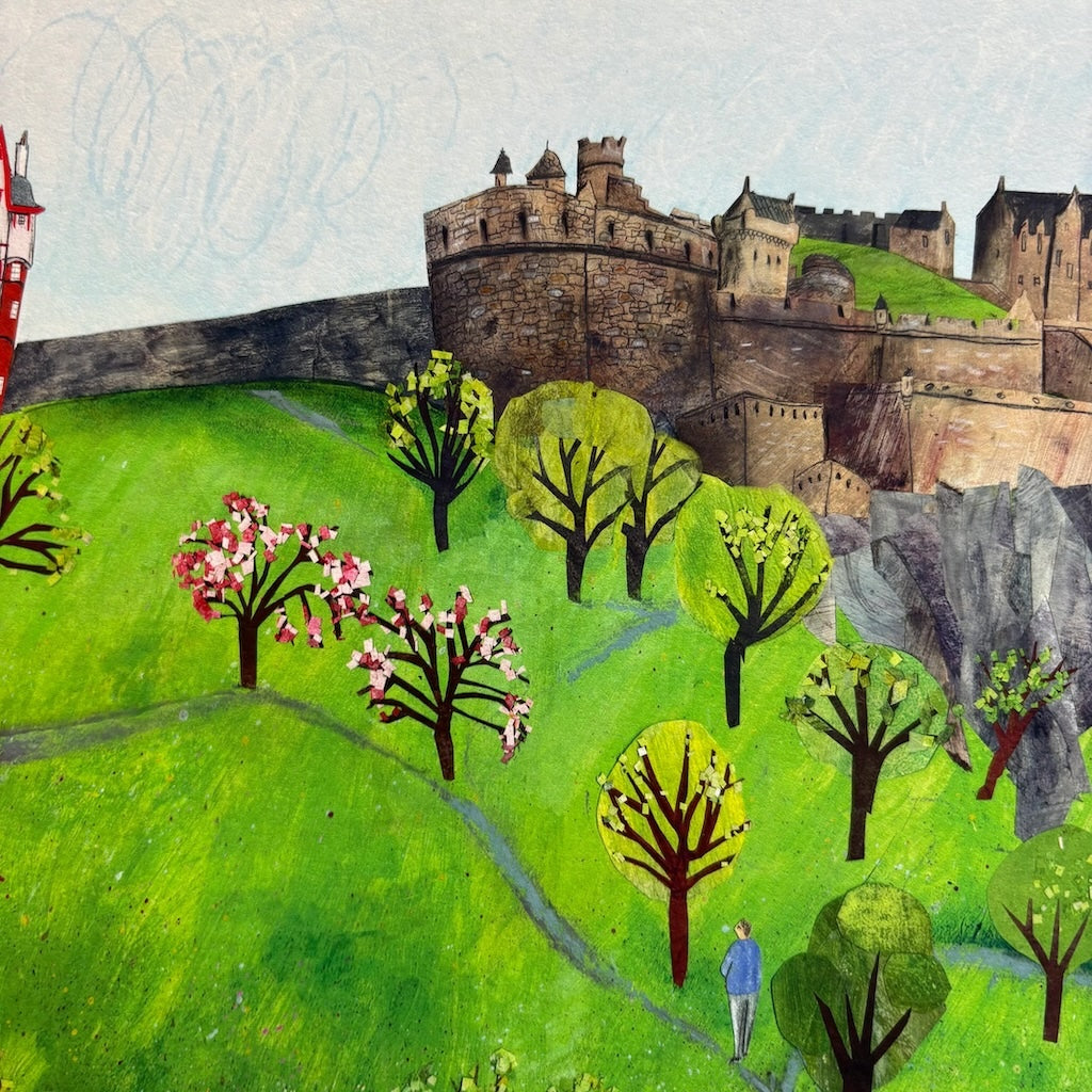 Giclée print of spring on Castlehill, Edinburgh. Looking up at the castle from Princes Street Gardens.