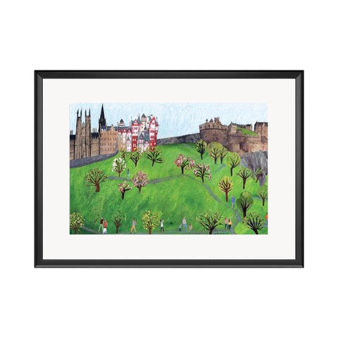 Giclée print of spring on Castlehill, Edinburgh. Looking up at the castle from Princes Street Gardens.
