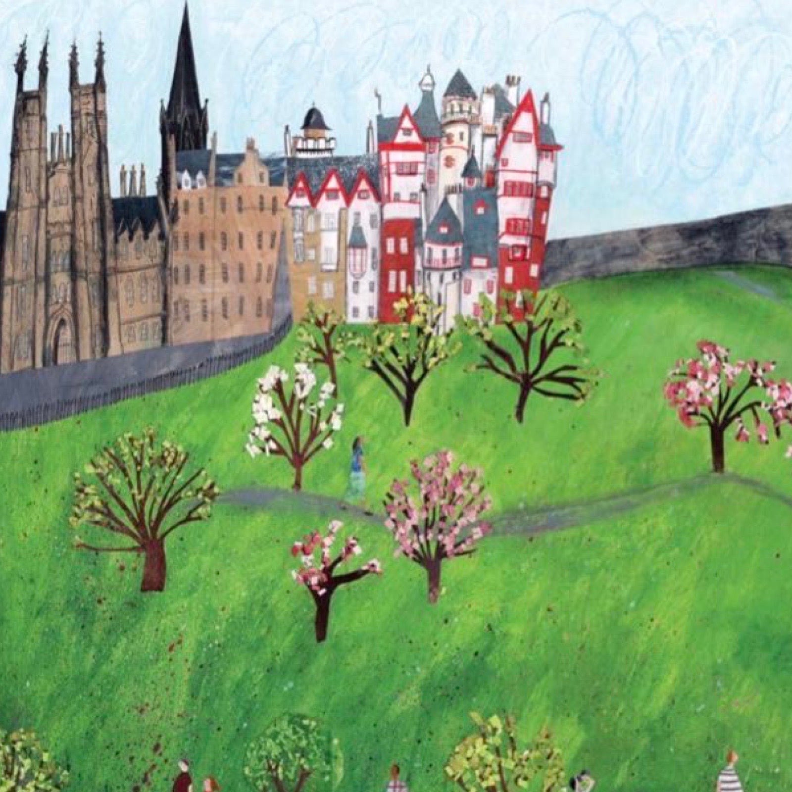 Illustration of buildings on a hill with trees and people in a garden.