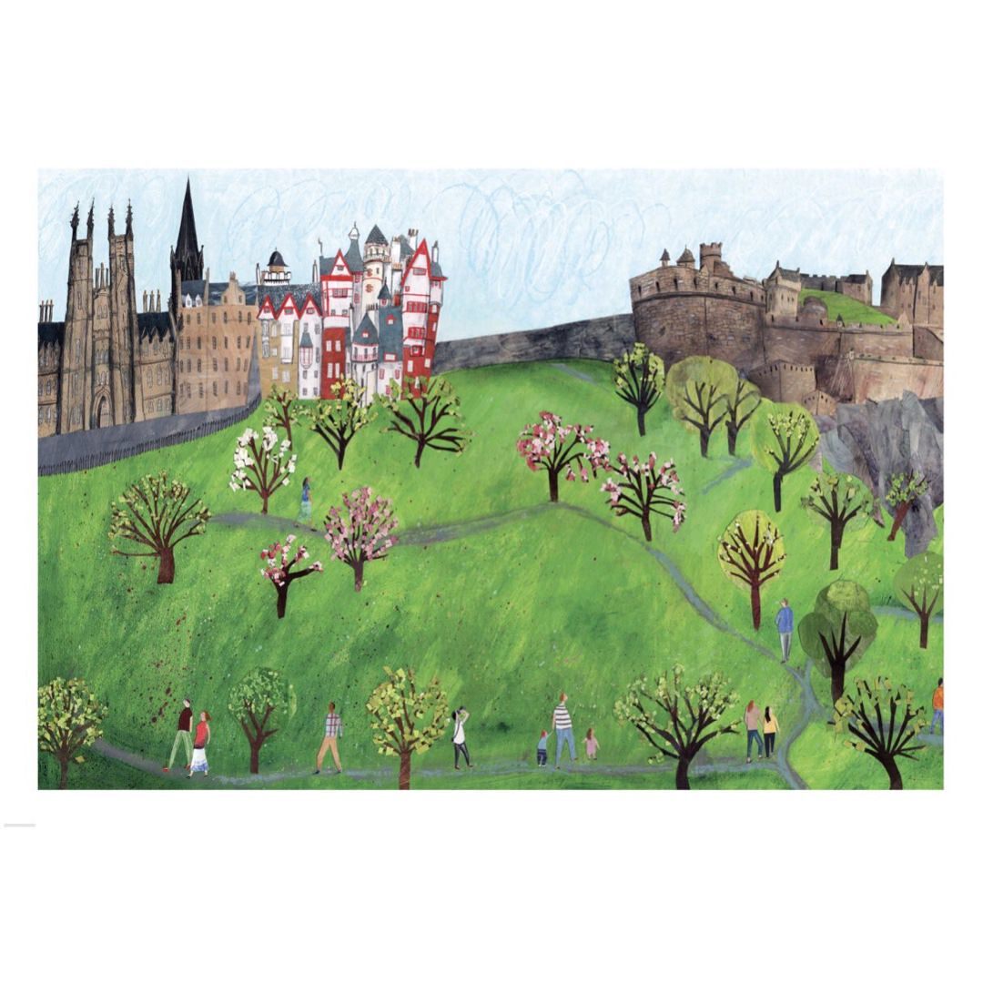 Giclée print of spring on Castlehill, Edinburgh. Looking up at the castle from Princes Street Gardens.