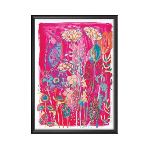 A gorgeous bright pink print reproduced from an original painting featuring teal, yellow and pink flowers