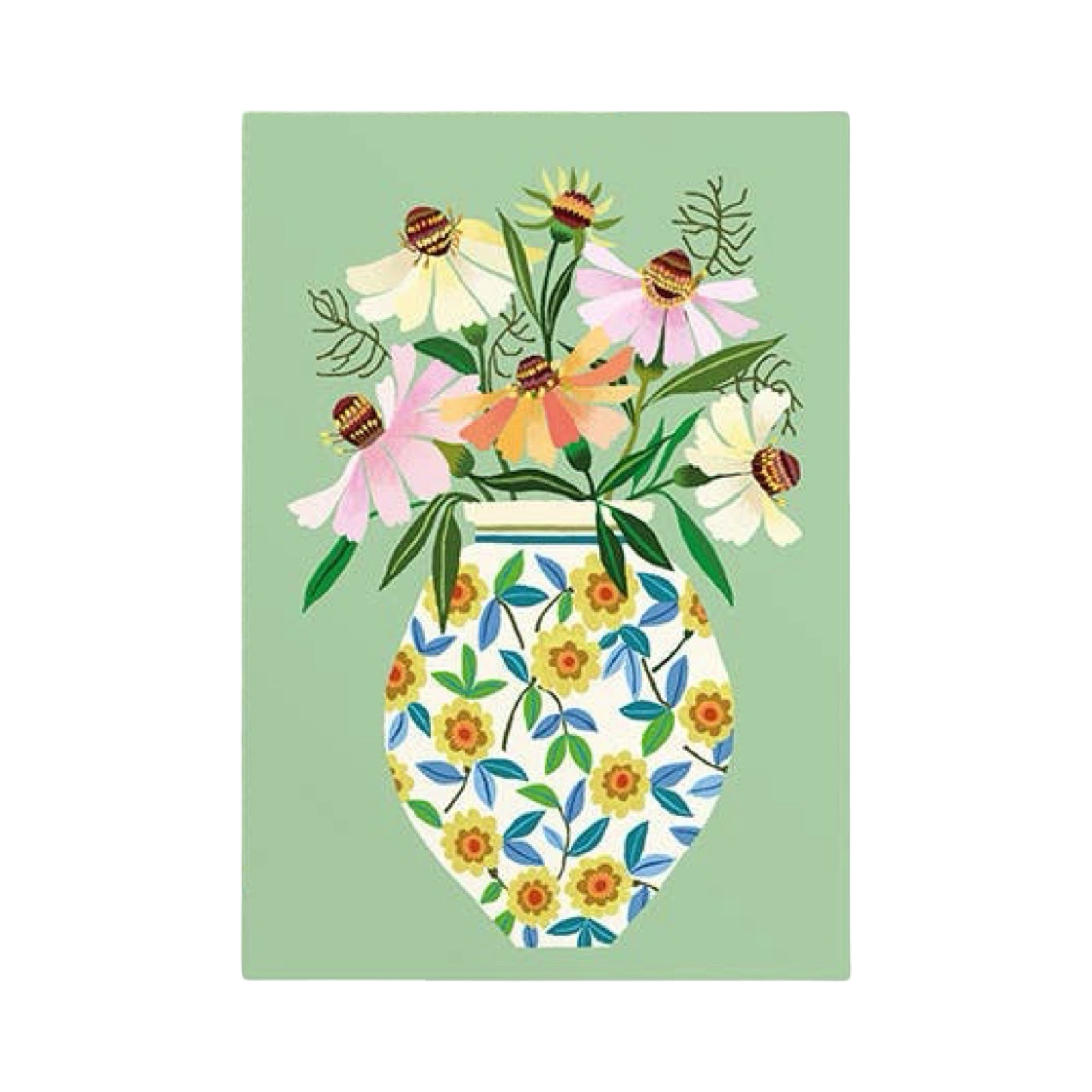 Floral design with a vase and flowers on a green background.