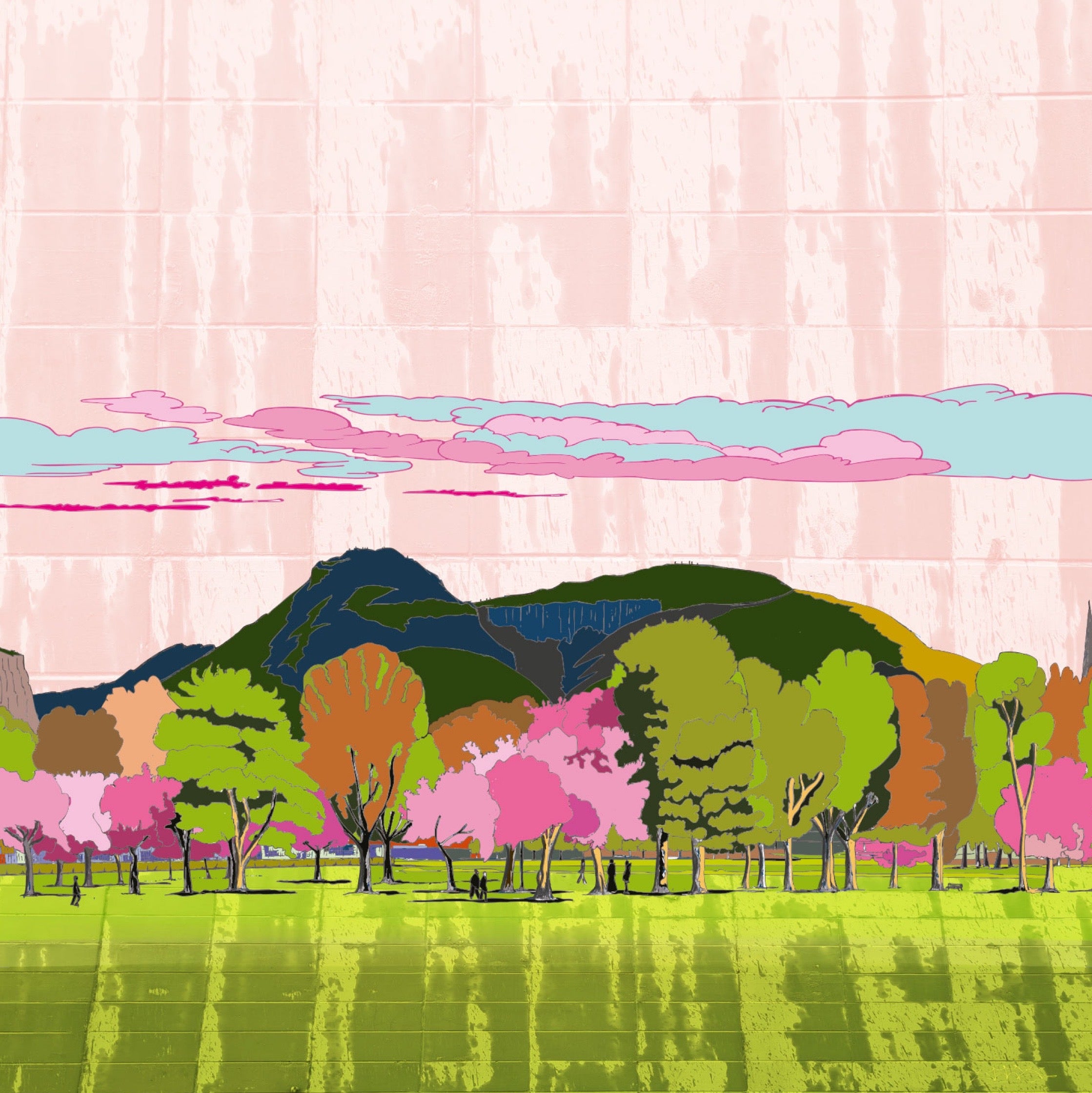 This print illustrates the Meadows park in Edinburgh with cherry blossoms and Arthurs Seat in the background. 