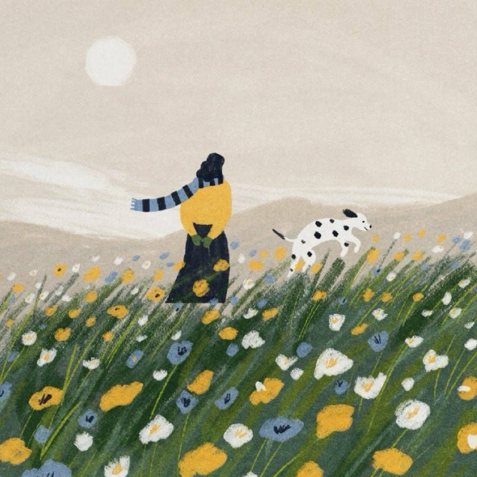 This art card features a lady in a yellow sweater taking a walk through a spring meadow.