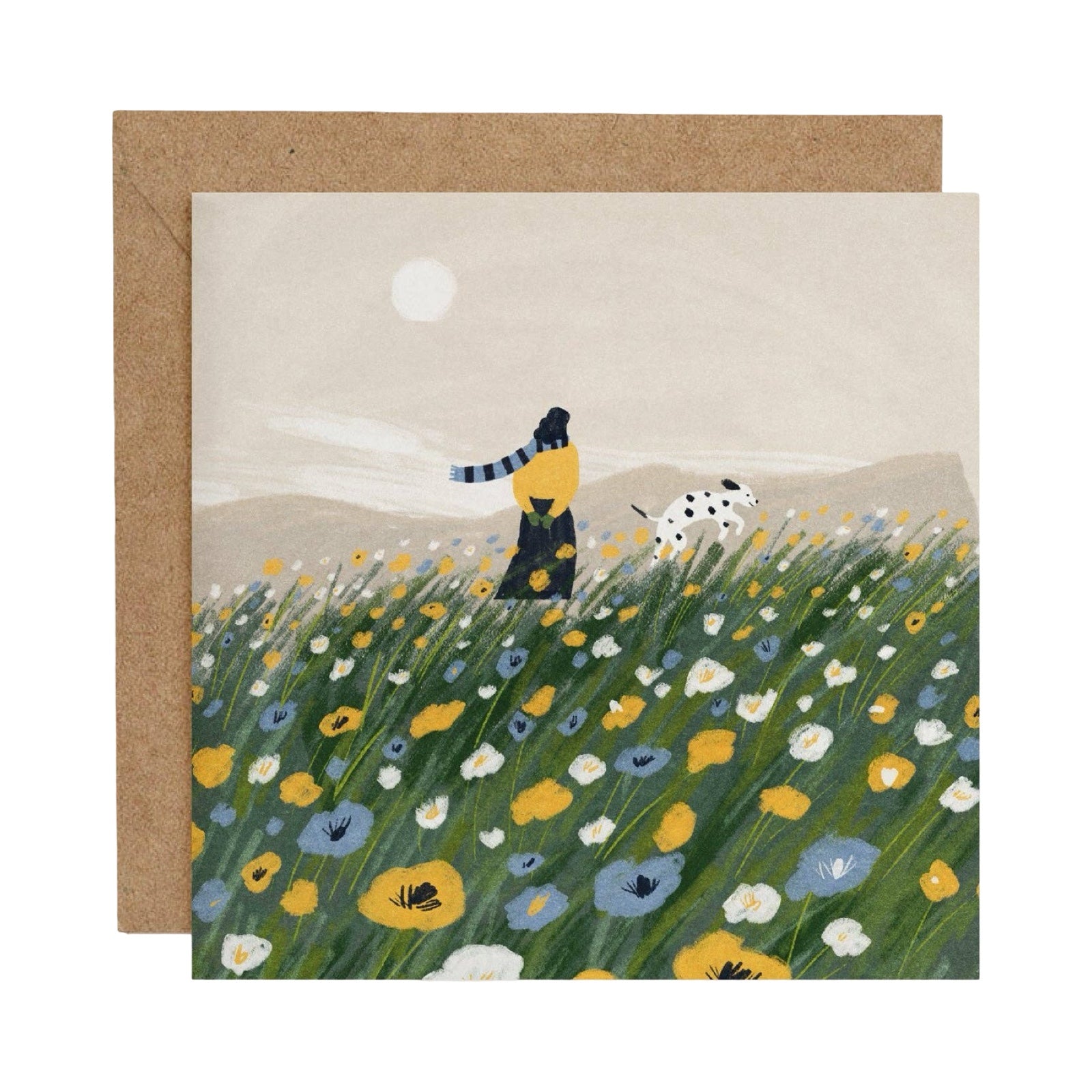 This art card features a lady in a yellow sweater taking a walk through a spring meadow.