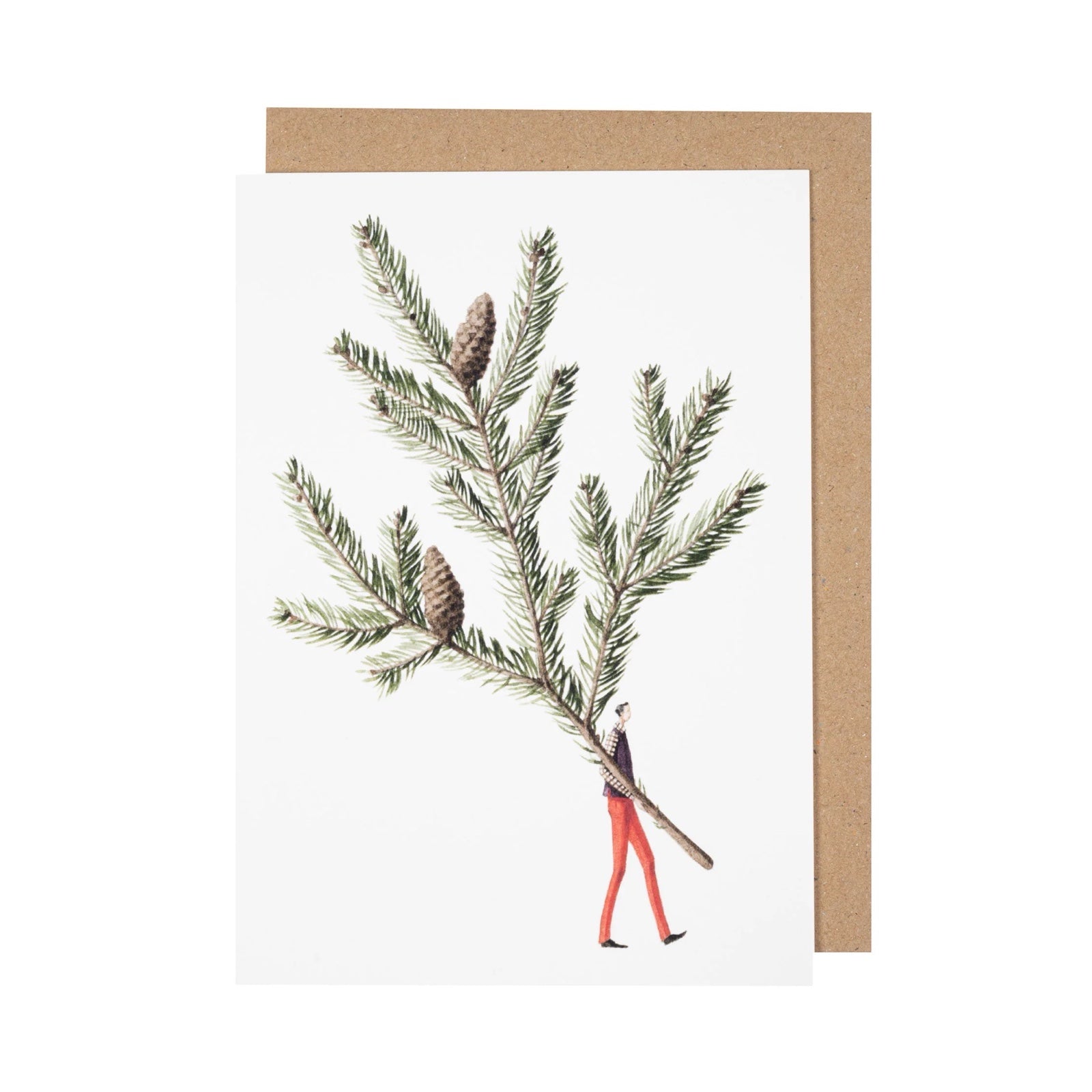 Christmas card featuring a fabulously dressed man holding a spruce branch.