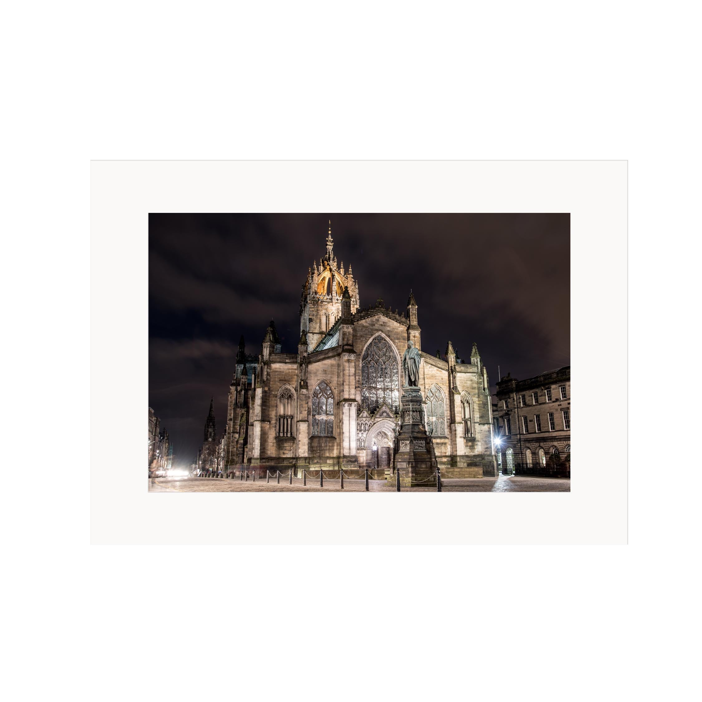 A mounted photograph of St Giles' Cathedral, Edinburgh at night. 