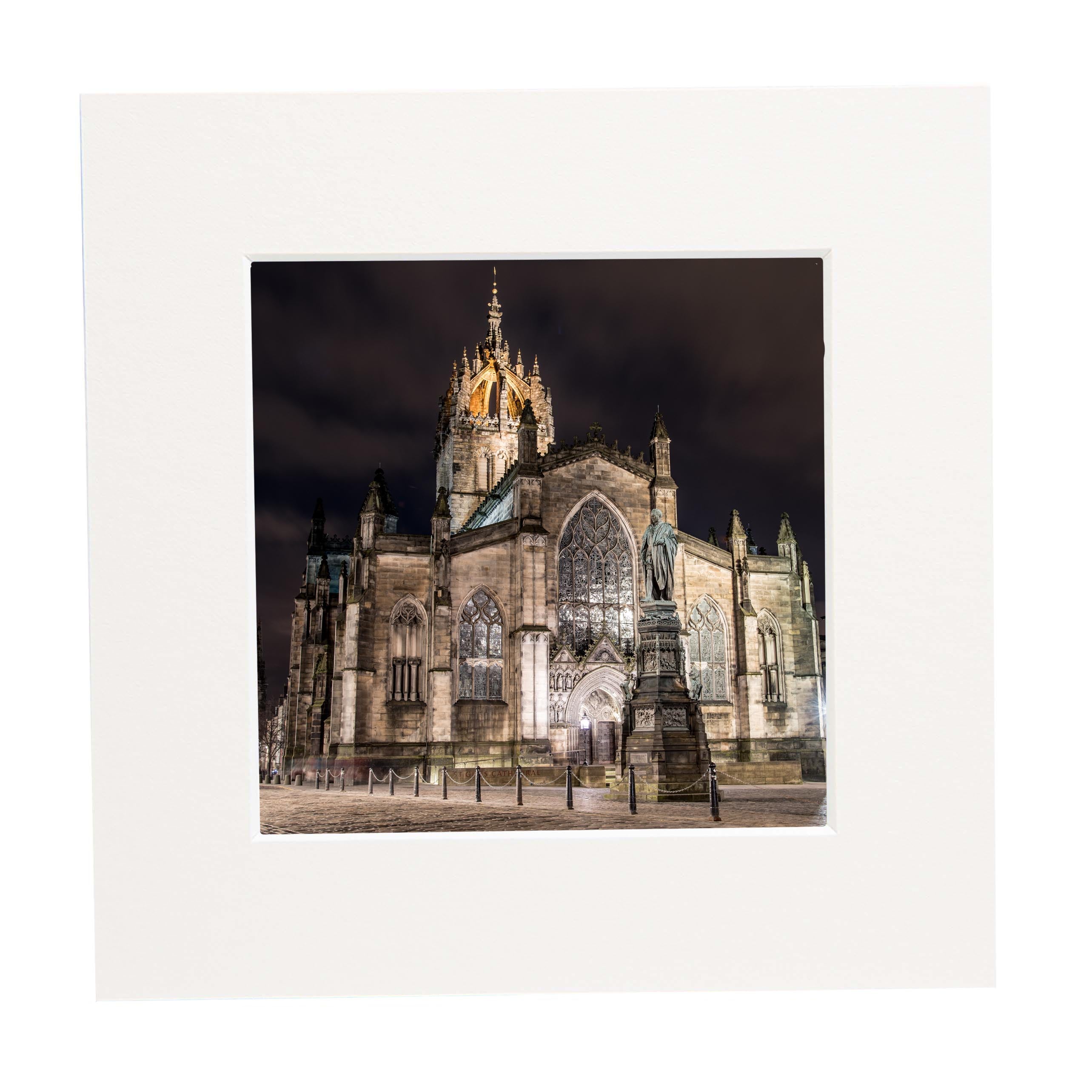 A square mounted picture of St Giles' Cathedral Edinburgh. 