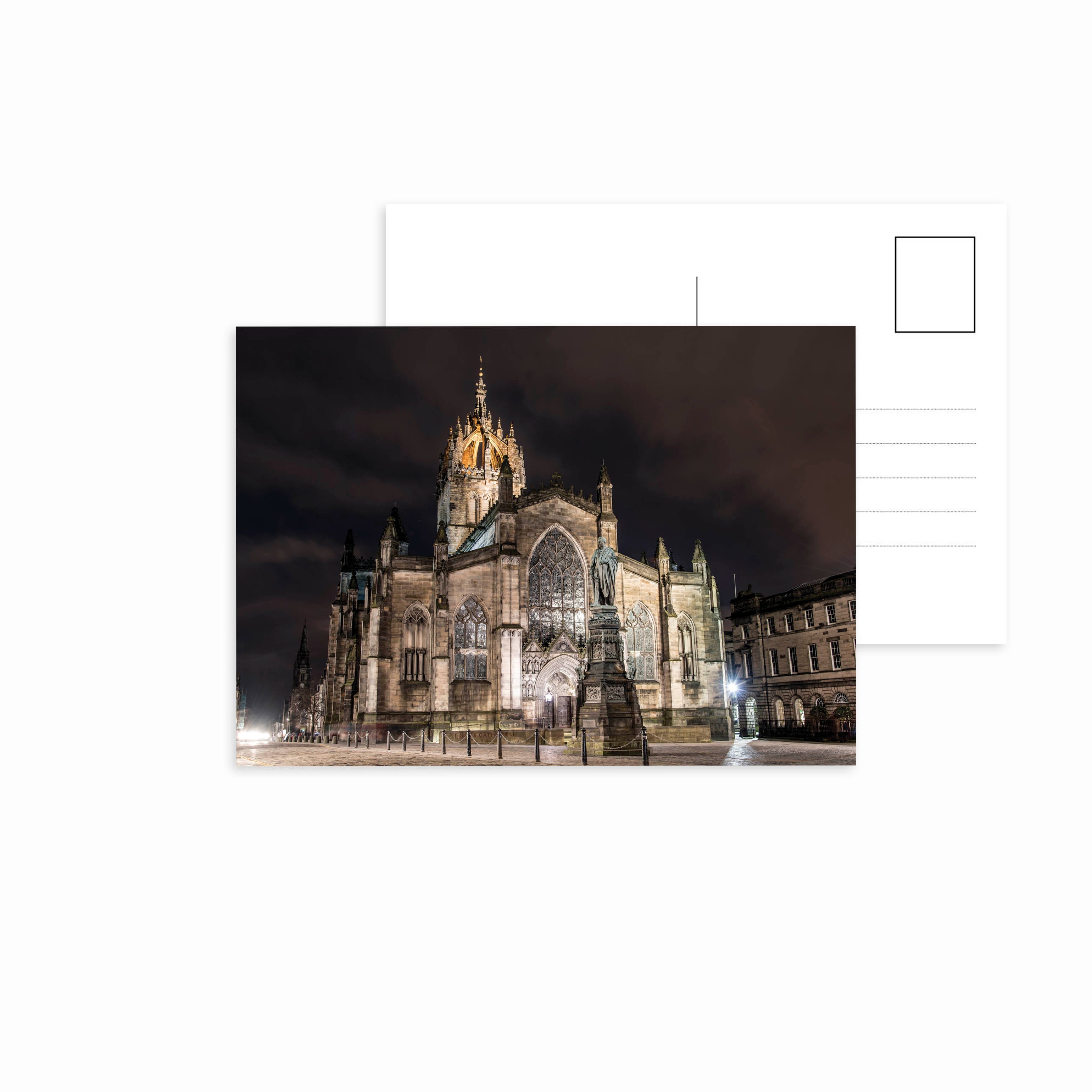 An image of St Giles' Cathedral Edinburgh on a postcard. 