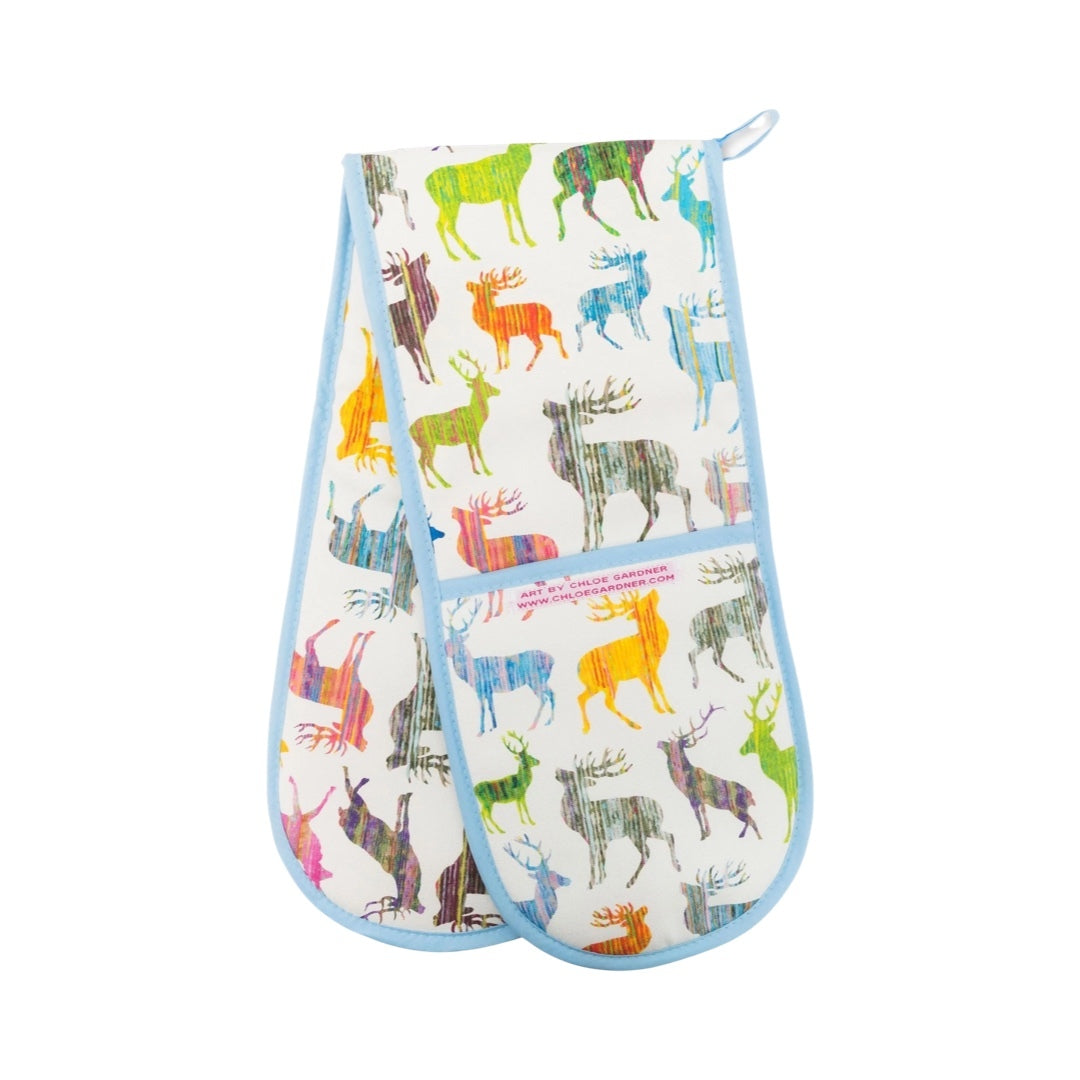 White oven gloves with blue edging featuring multi-coloured stags.