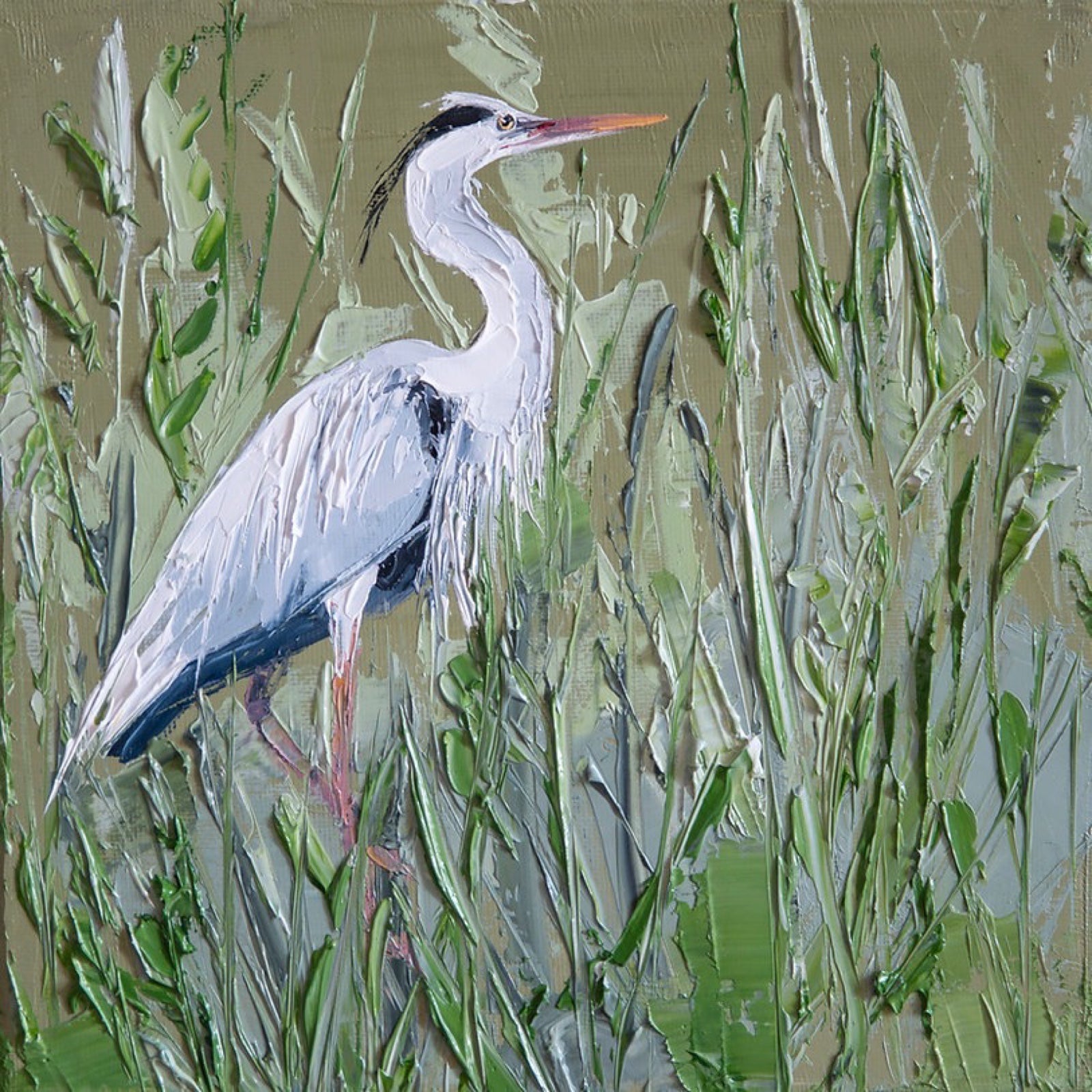 This square print features a heron standing in a field of long grass.