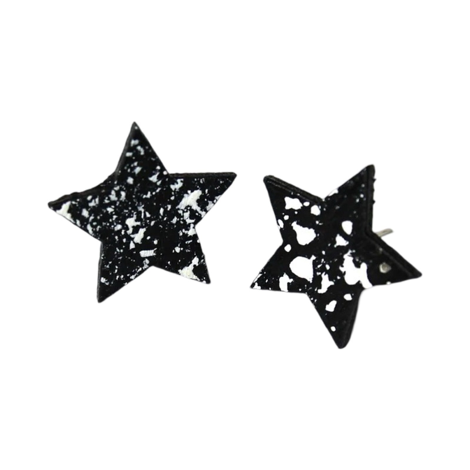 A pair of hand-painted black and white splashed star stud earrings on silver plated studs.