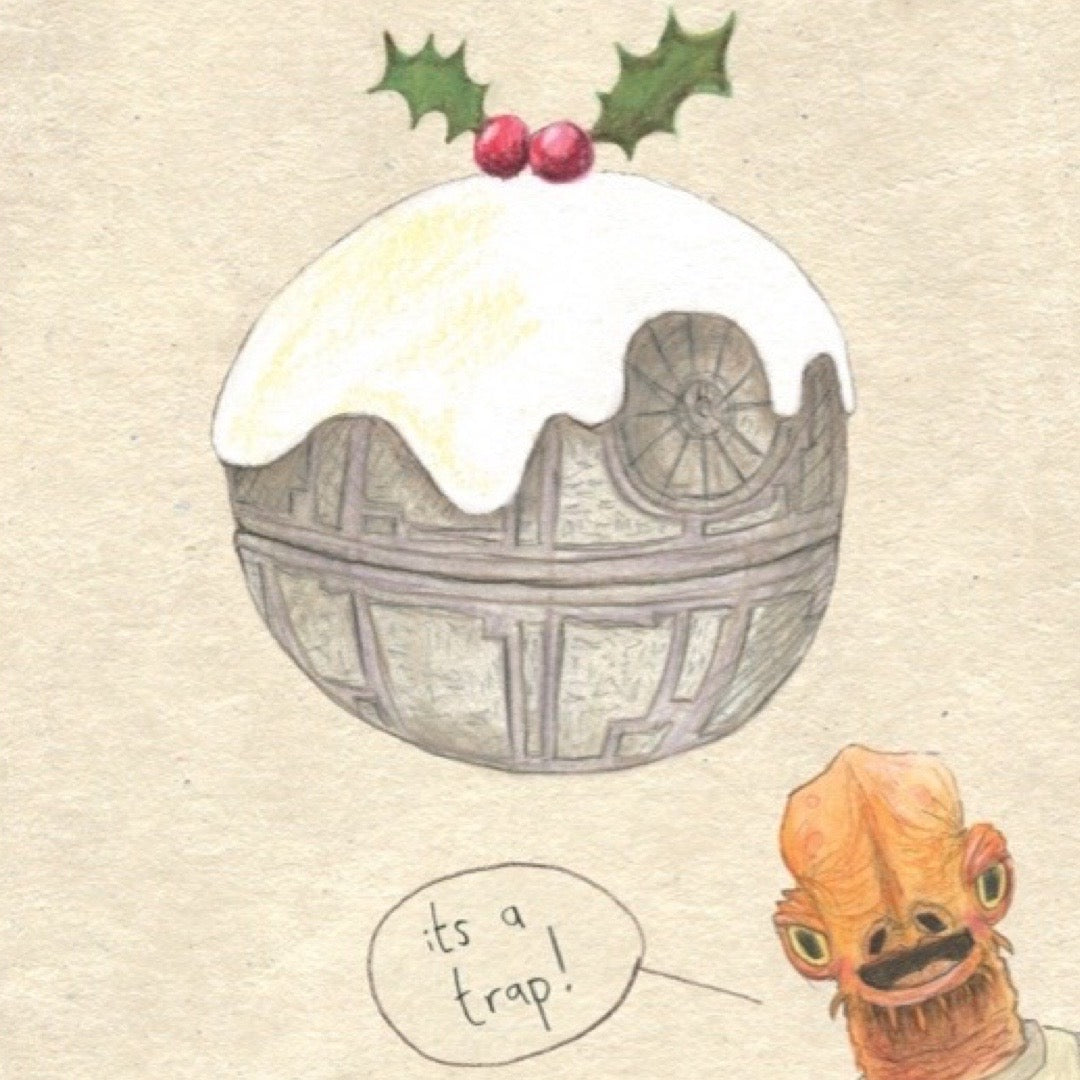 Christmas card featuring the Death Star disguised as a Christmas pudding and a character on the bottom left.