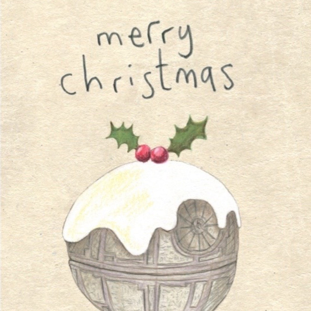 Christmas card featuring the Death Star disguised as a Christmas pudding.