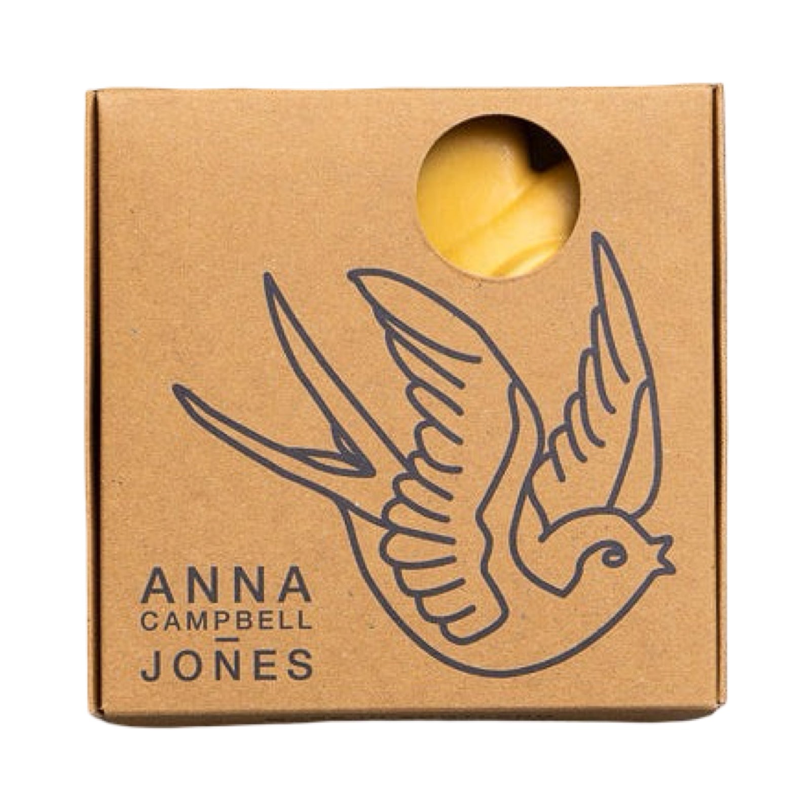 Brown cardboard box with a bird illustration and 'Anna Campbell Jones' branding on a white background.
