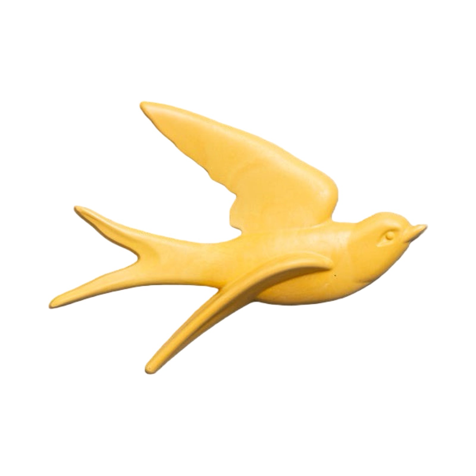 Yellow bird-shaped object on a white background.