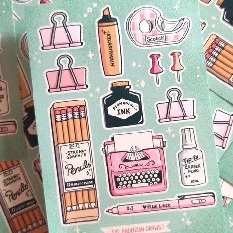 Stationery-themed sticker sheet featuring 11 individual stickers including a typewriter, a highlighter and a box of pencils.
