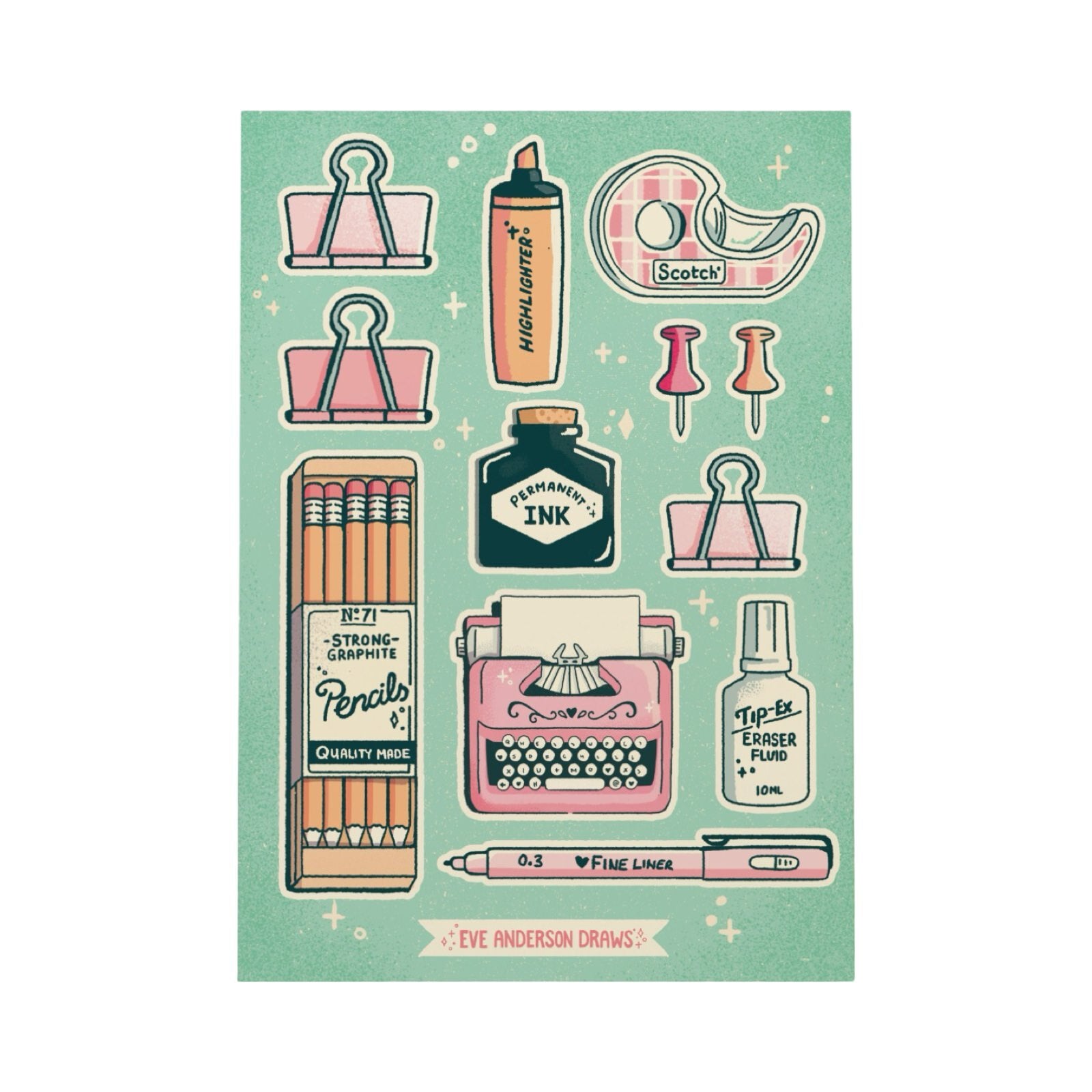Stationery-themed sticker sheet featuring 11 individual stickers including a typewriter, a highlighter and a box of pencils.