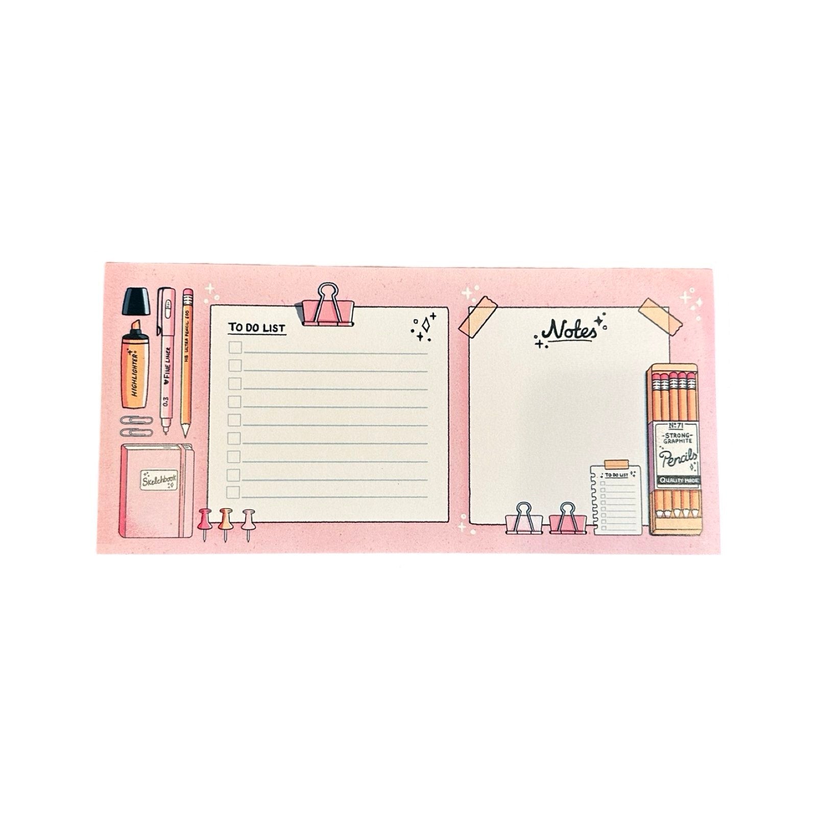 A to-do list pad and a notepad all in one surrounded by stationery items such as a box of pencils and a highlighter all against a pale pink background.