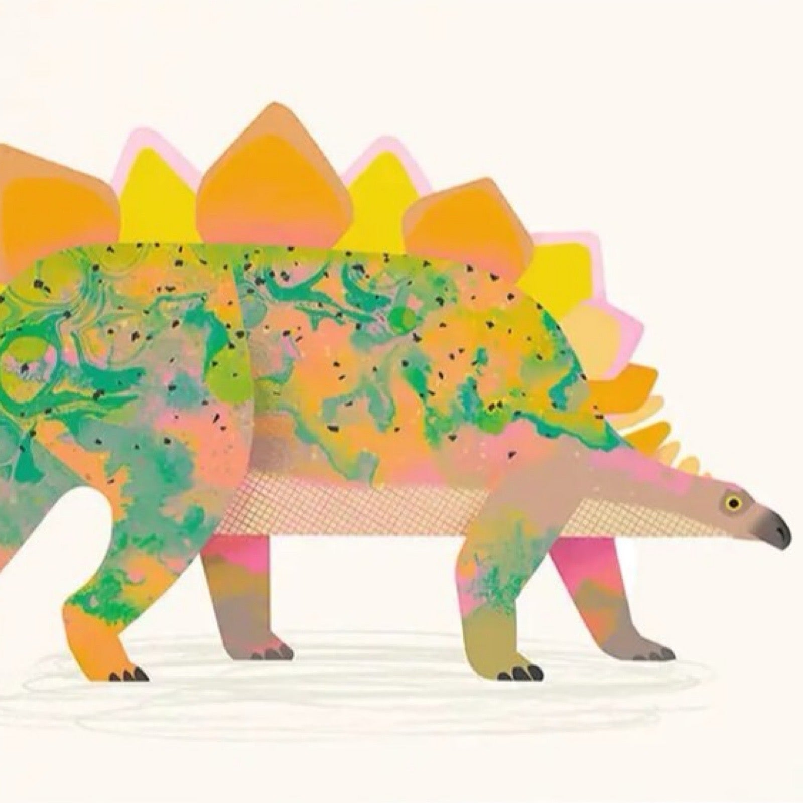 Colourful stegosaurus postcard on a white background.