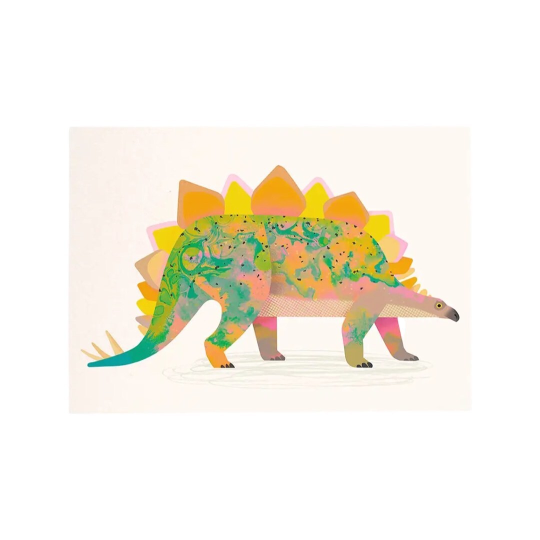 Colourful stegosaurus postcard on a white background.