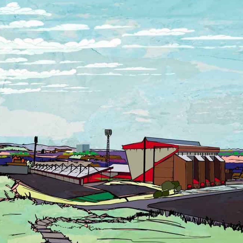 This print illustrates the Aberdeen FC Pittodrie stadium, Scotland