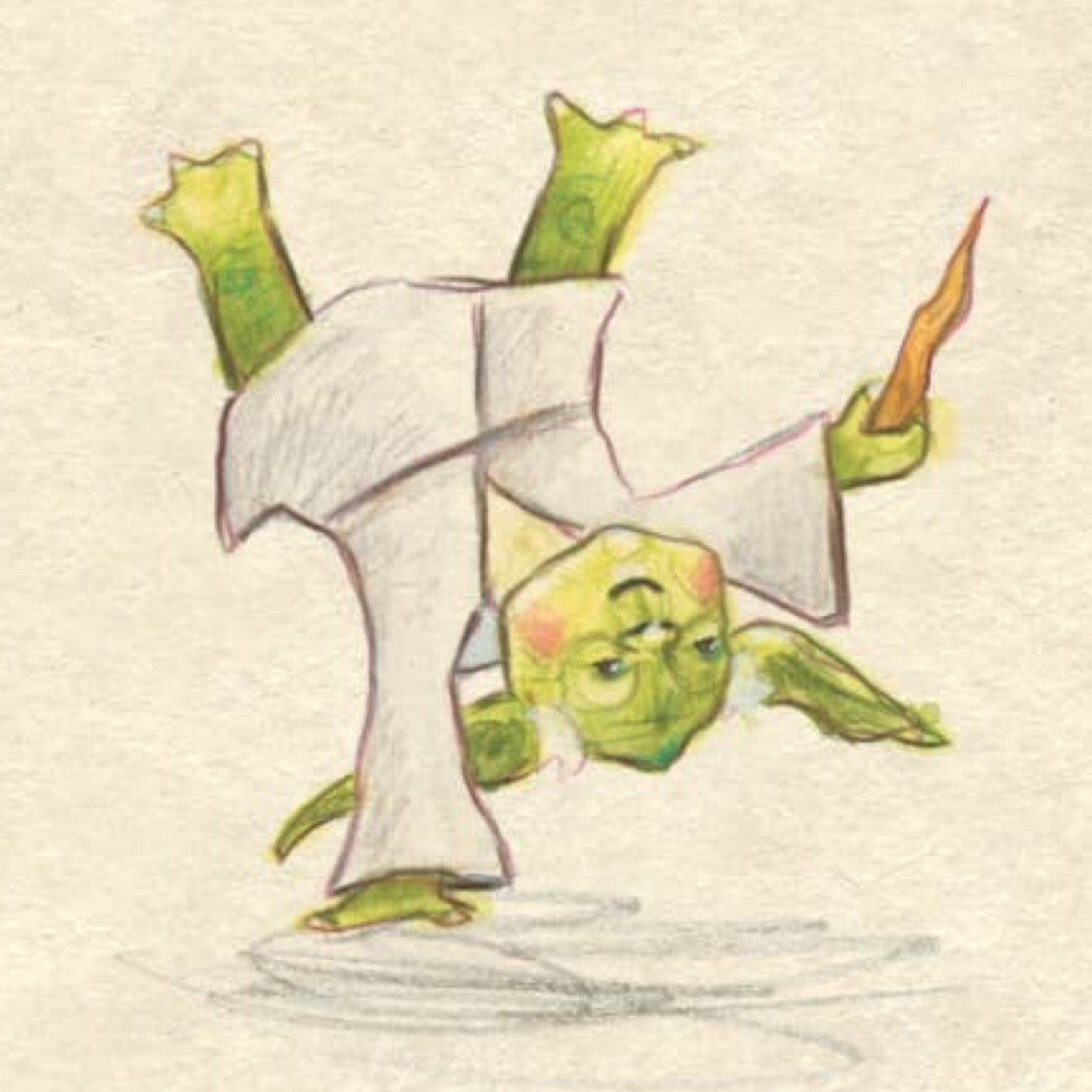 Cartoon yoda with a white shirt and brown shoes on a beige background.