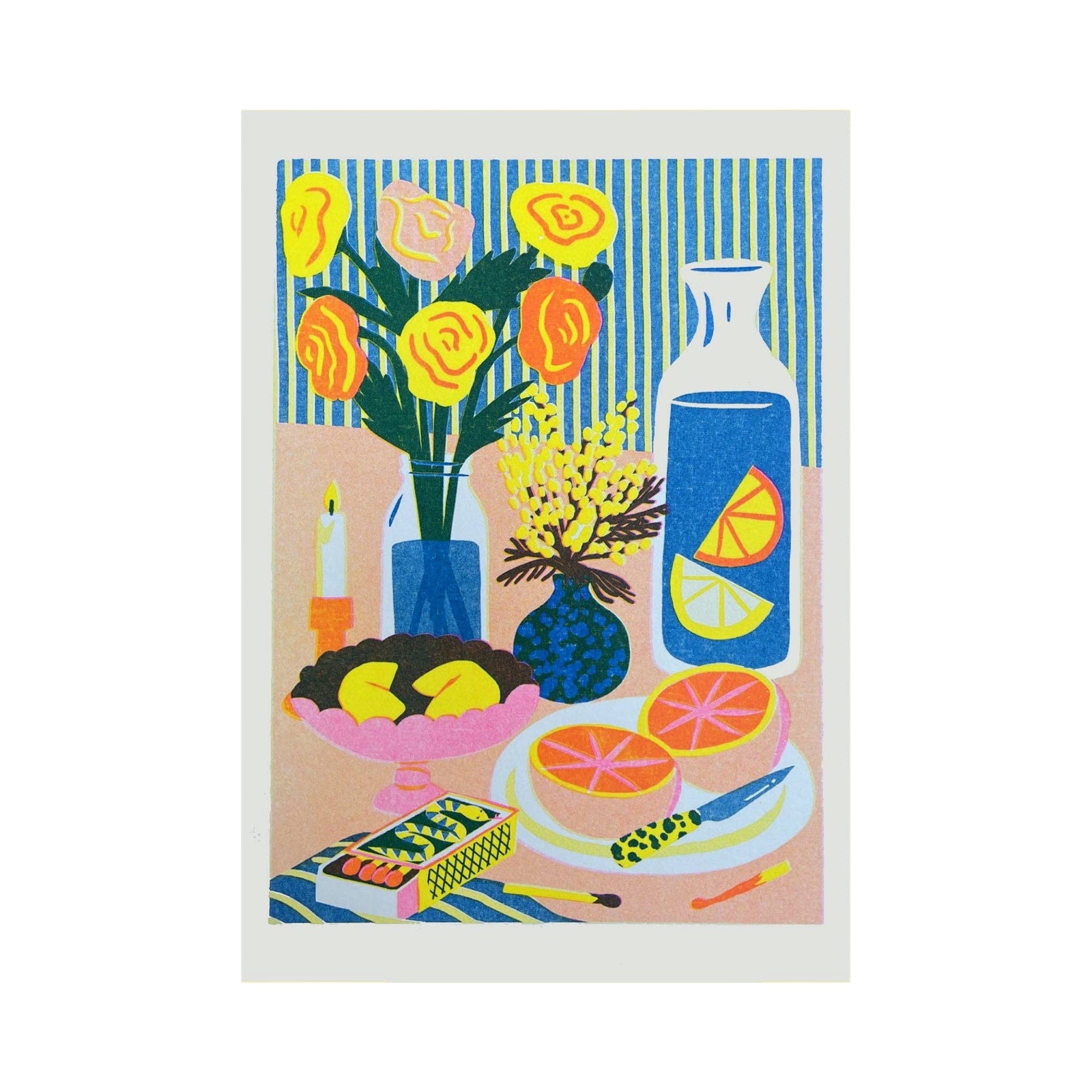 Colourful illustration of a table setting with flowers, fruit, and a bottle.