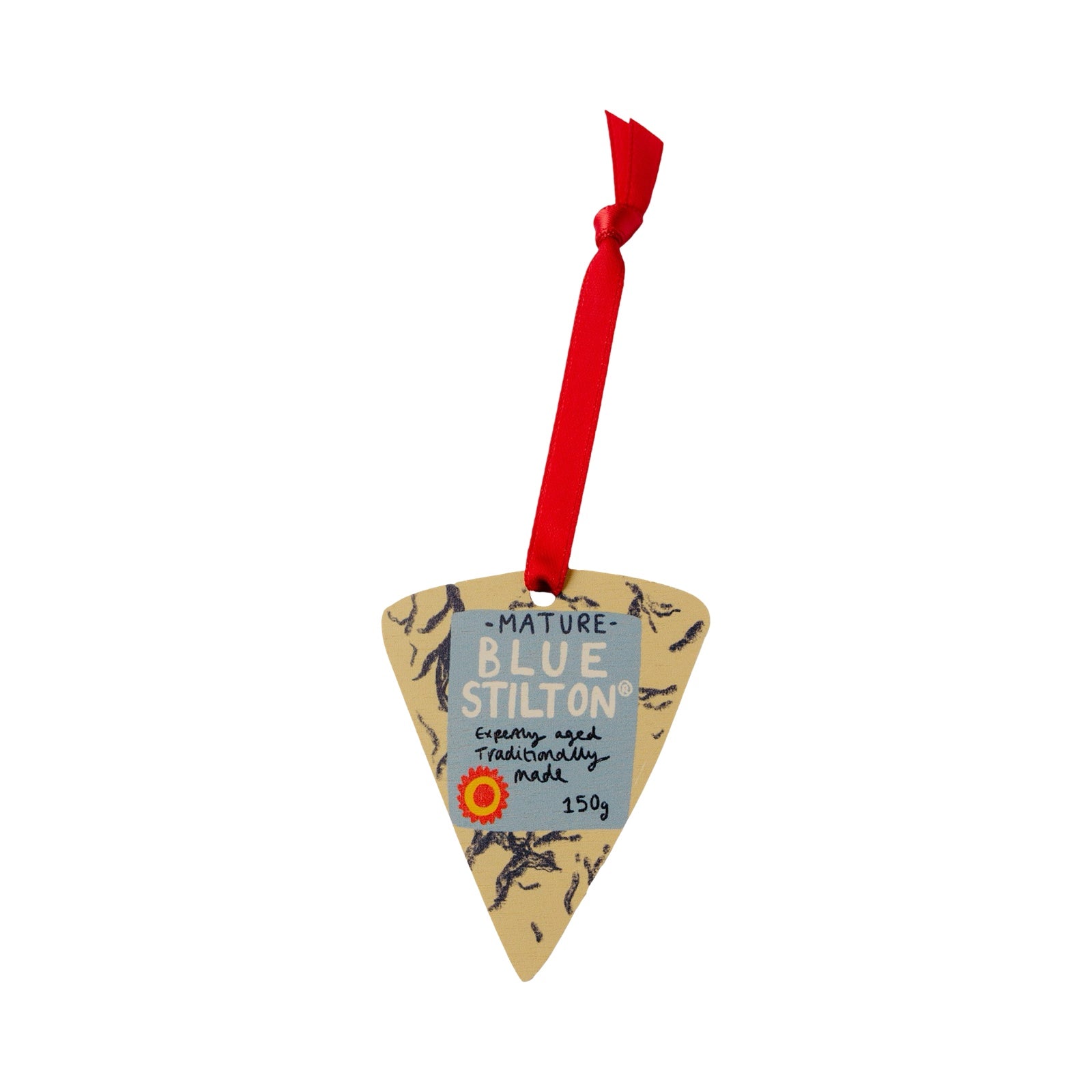 Blue Stilton cheese wedge with a red ribbon on a white background.