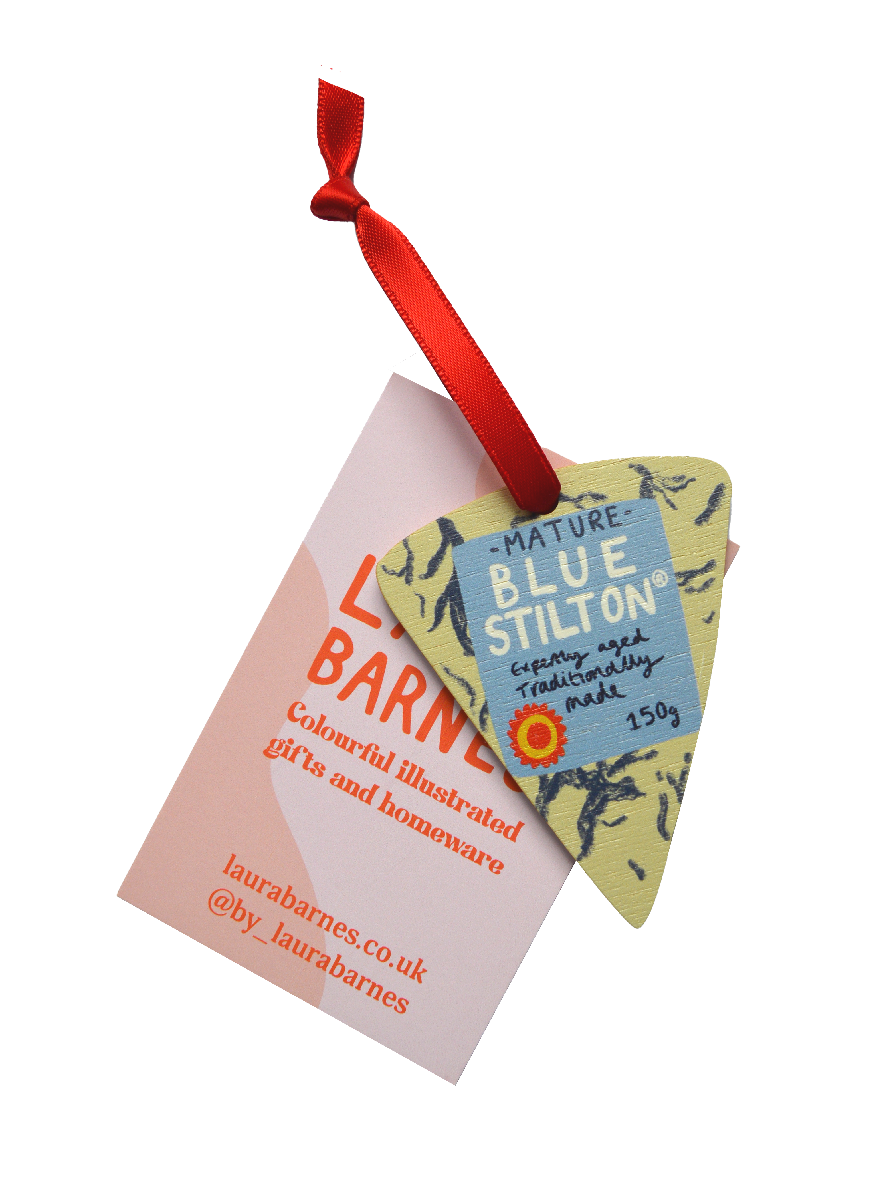 Blue Stilton cheese packaging with a red ribbon and Laura Barnes tag on a white background.