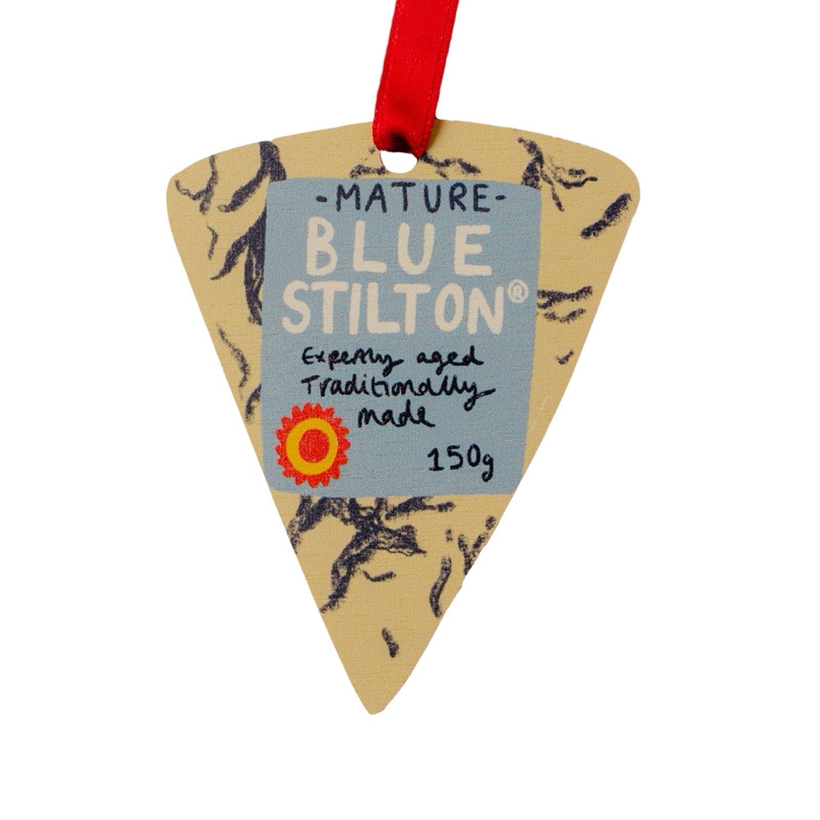 Triangle-shaped Blue Stilton cheese packaging with a red ribbon on a white background.