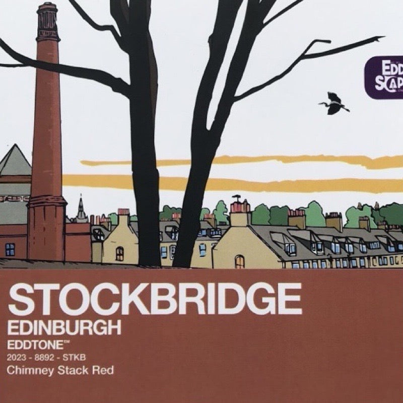 Square card featuring an illustration of the chimneys of the Stockbridge colonies in Edinburgh.