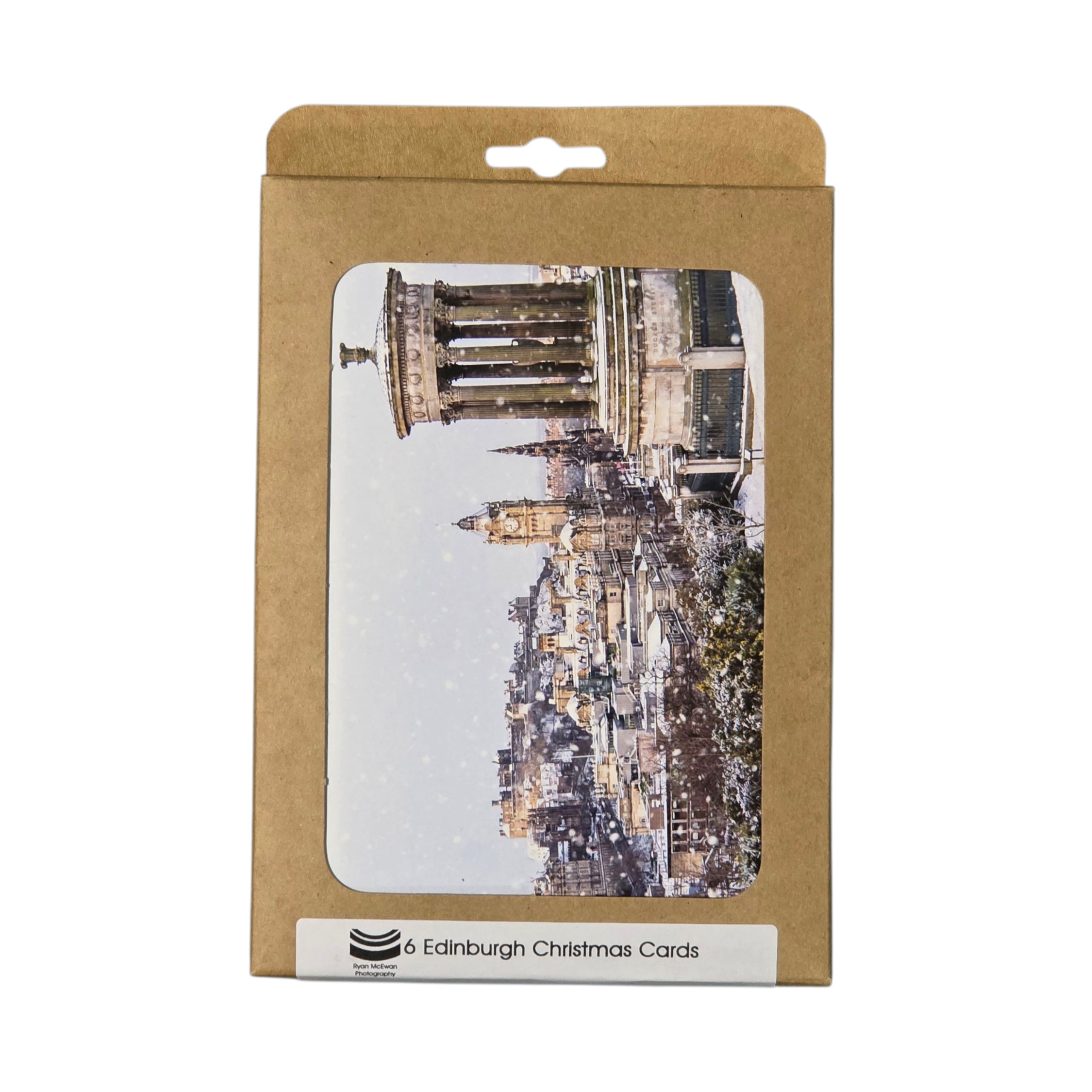 Pack of Edinburgh Christmas cards with a scenic view on a brown cardboard packaging.