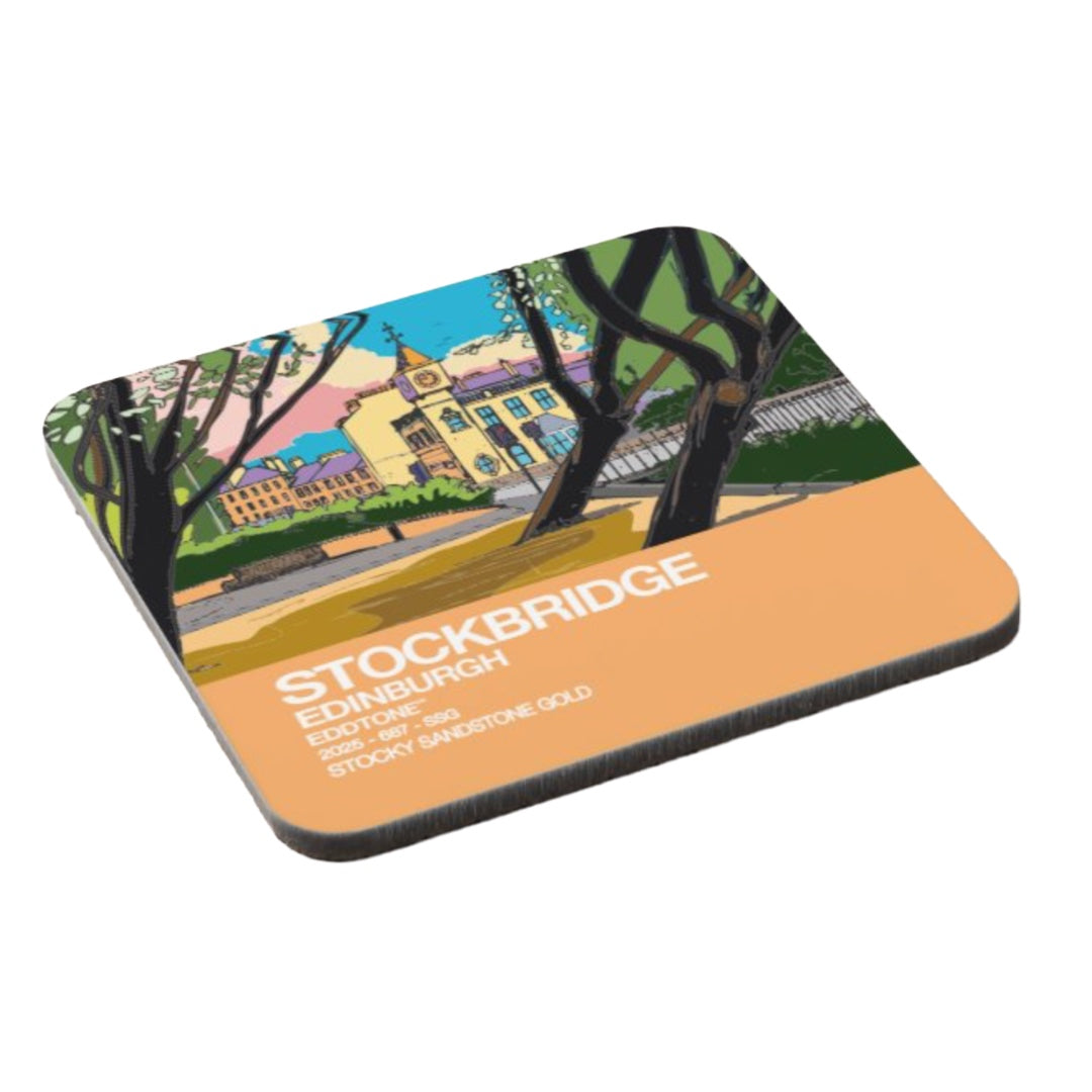Coaster with Stockbridge Edinburgh design on a white background.