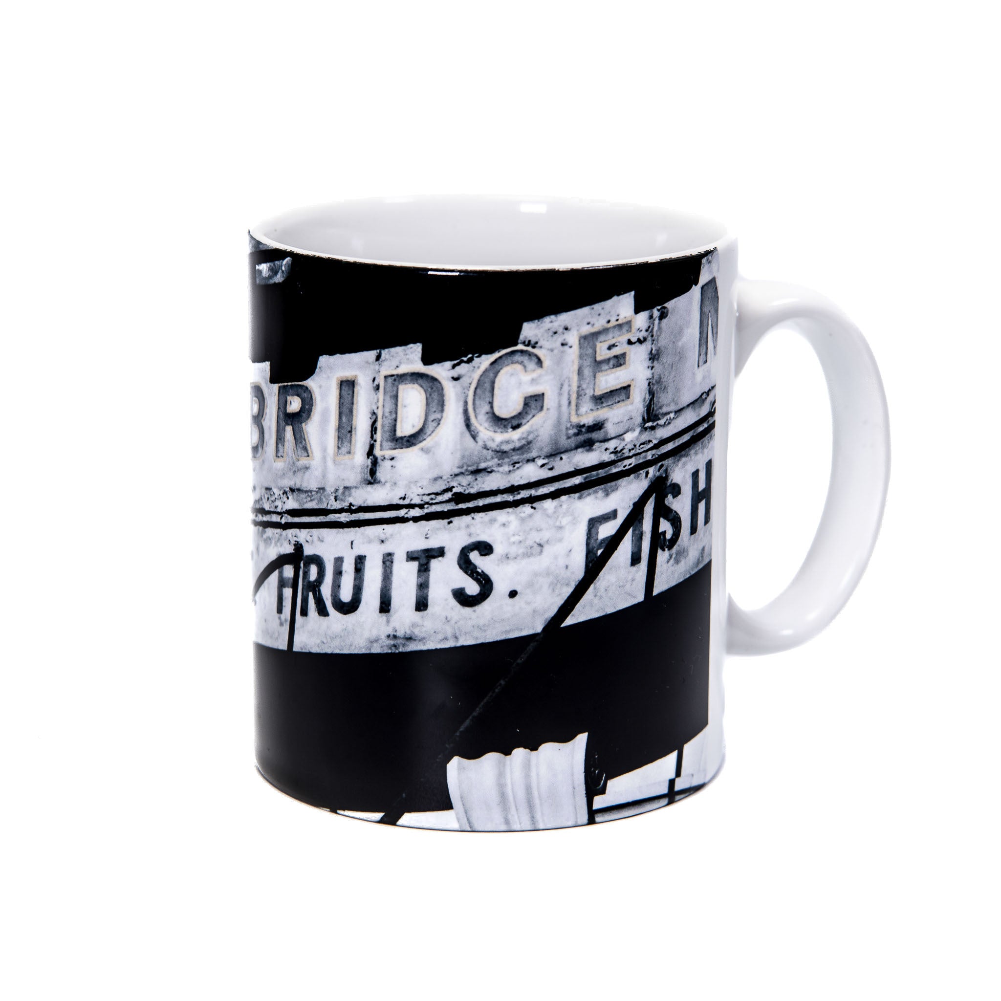 A mug featuring the Stockbridge Market Edinburgh Signage. 