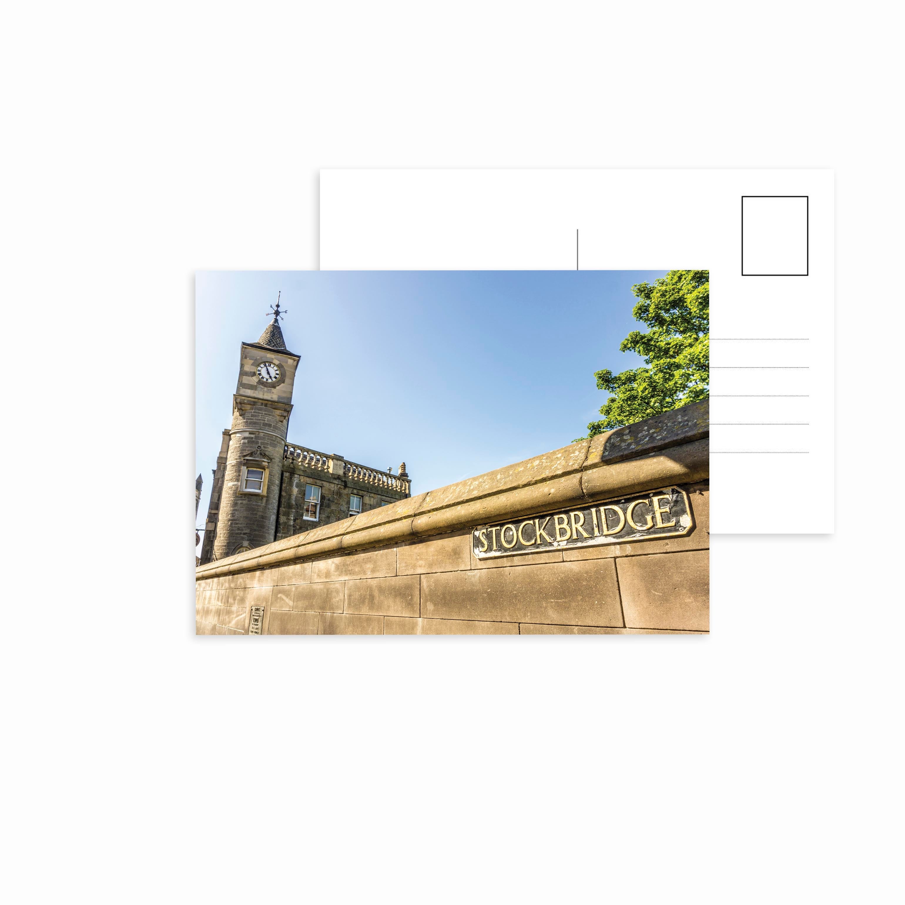 An image of the Stockbridge street sign, Edinburgh on a postcard. 